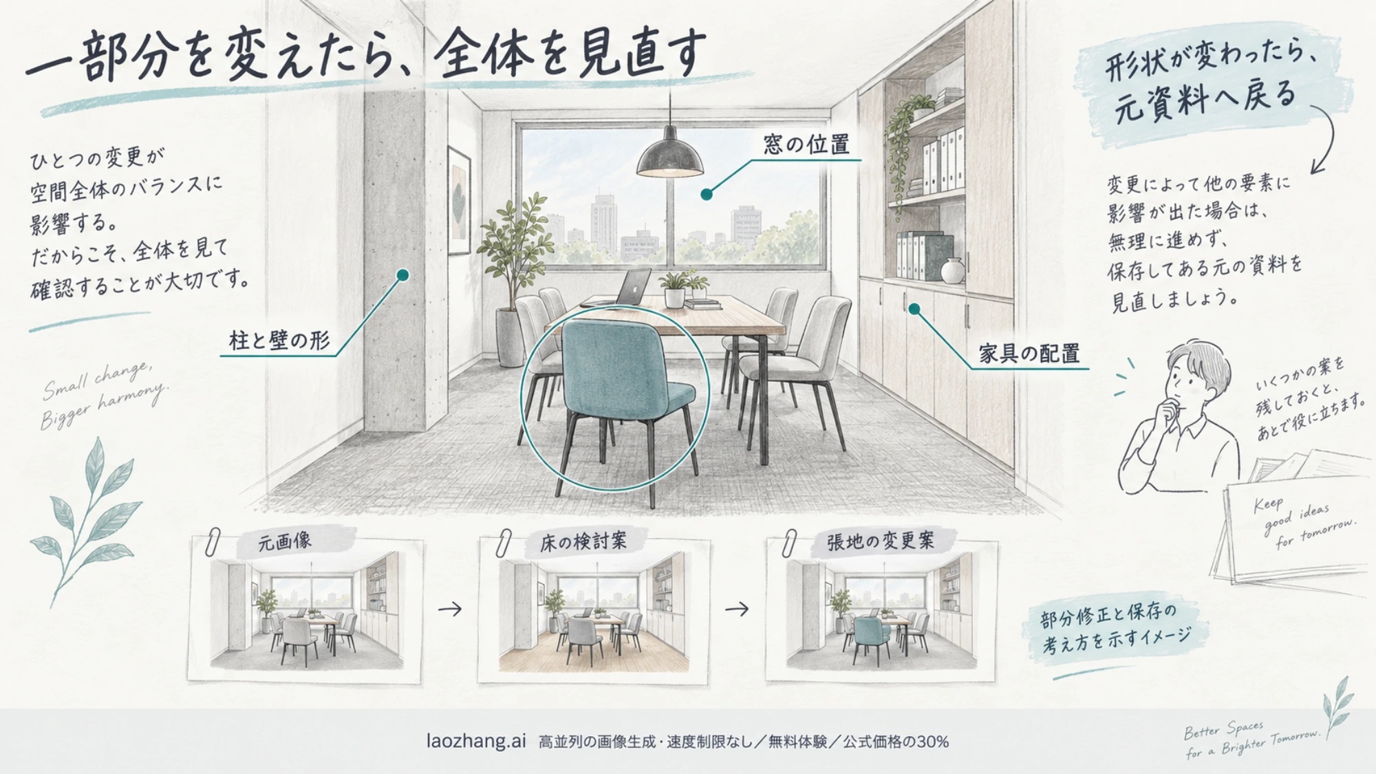 椅子の張地を部分変更した案で窓・柱・家具の位置を照合し、元画像と変更前の版を残す考え方の説明図