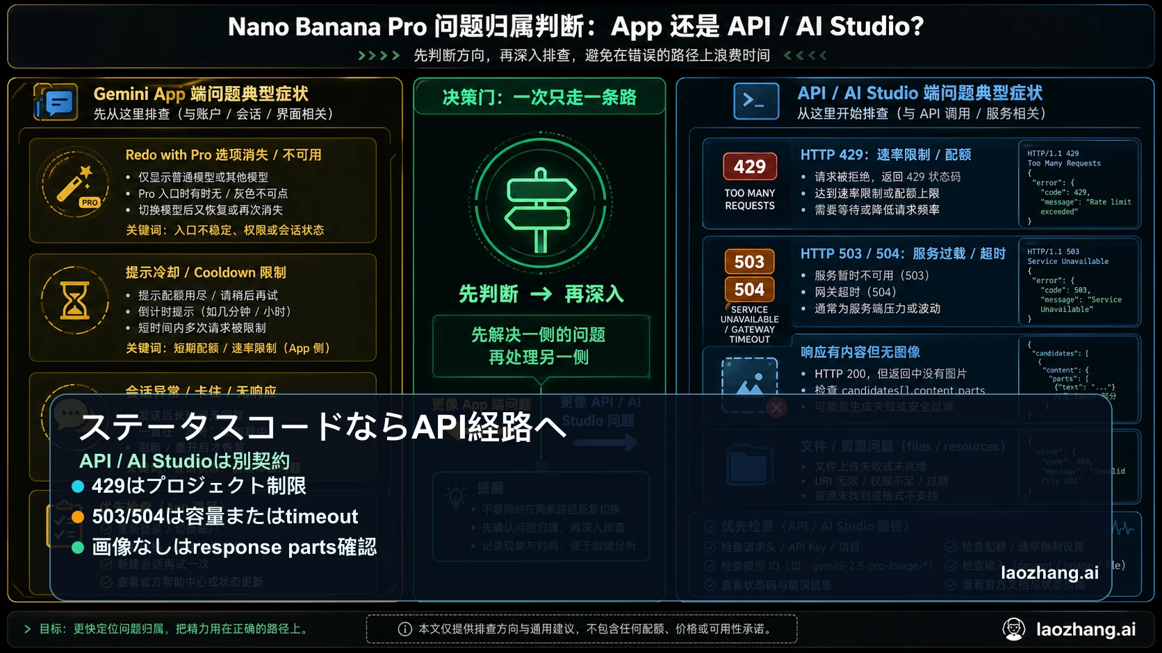 Gemini AppsとGemini API / AI Studioエラーを分けるボード