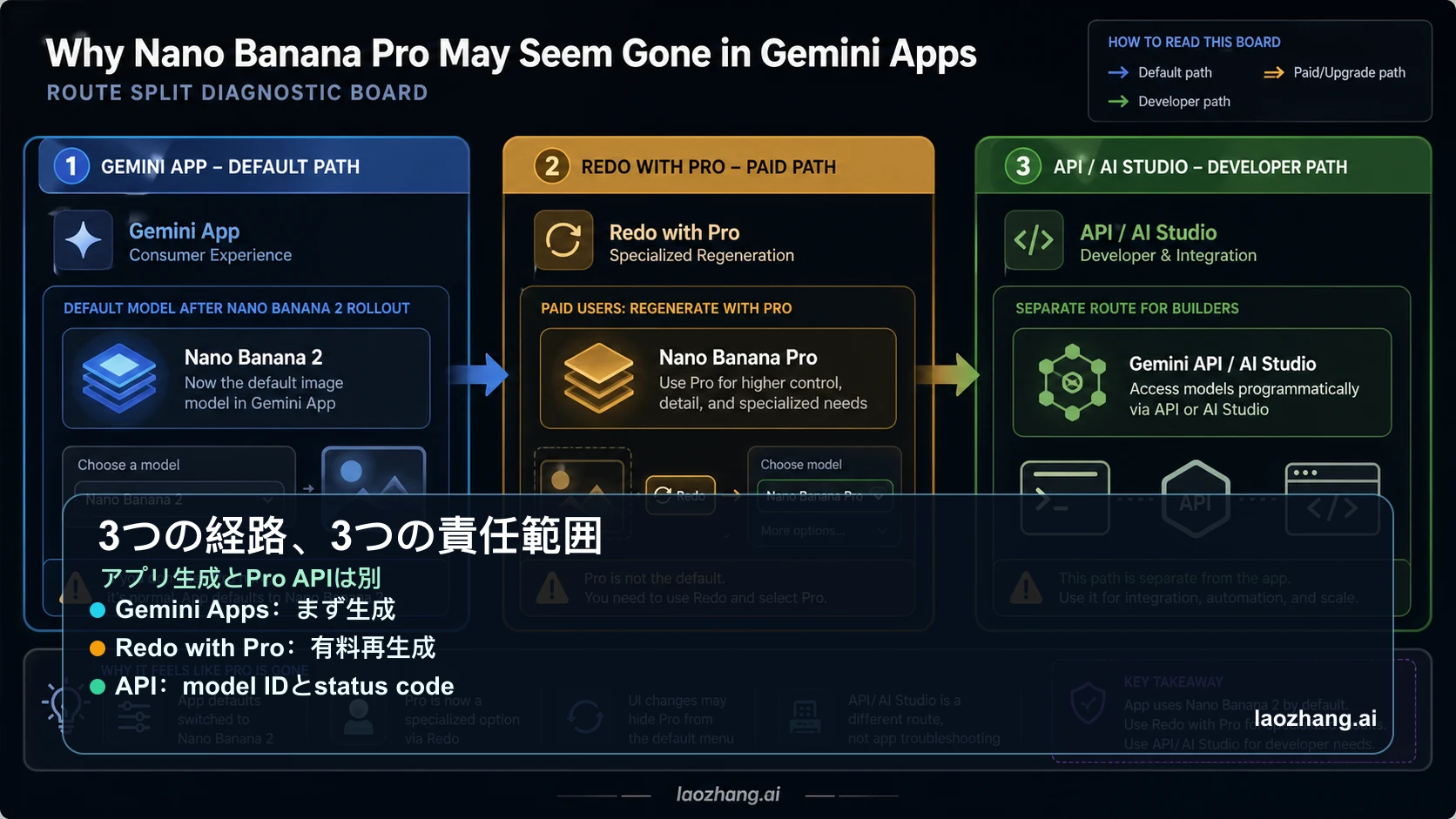 Gemini Apps、Redo with Pro、Gemini APIを分ける経路ボード