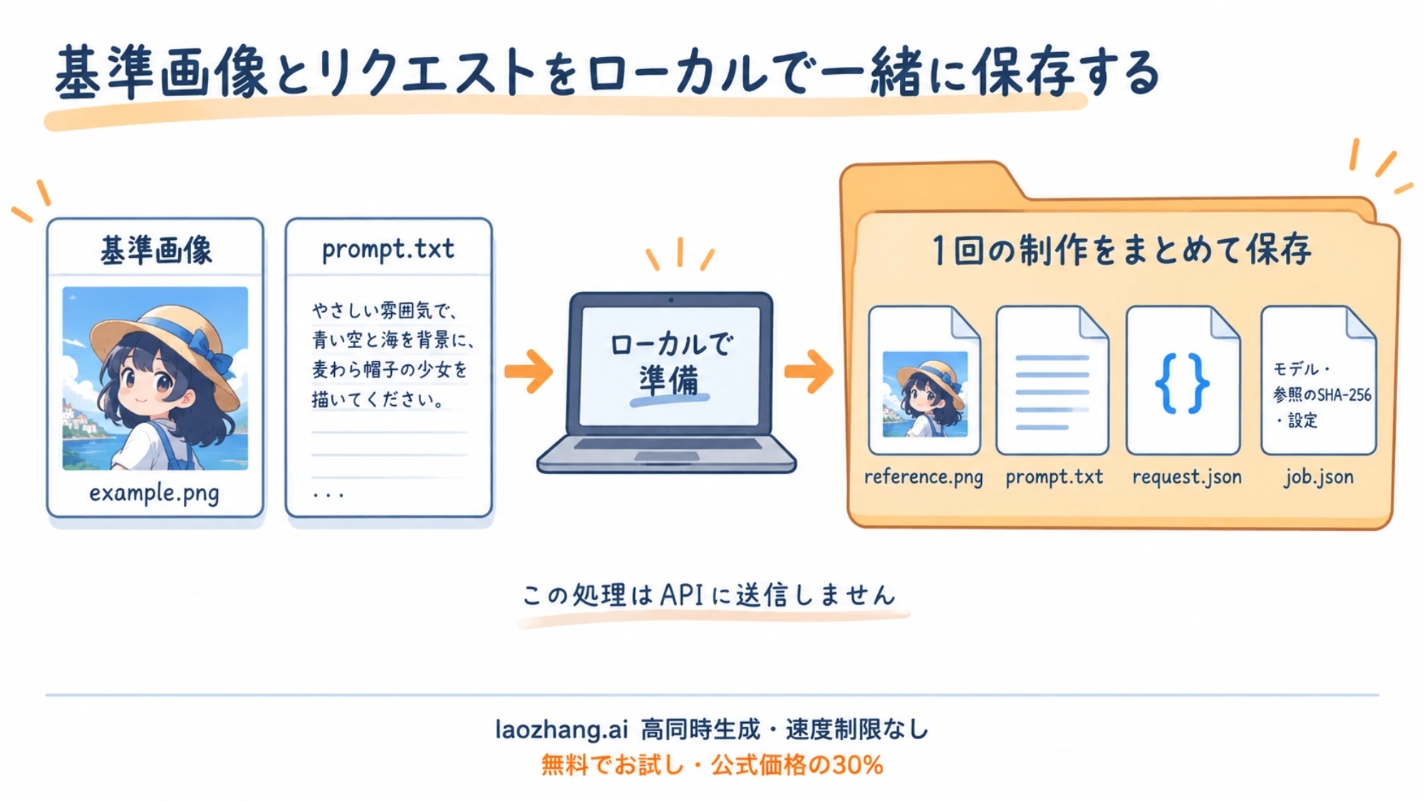 基準画像と文章から、画像原本・prompt・リクエストJSON・設定記録をローカルに保存する流れ