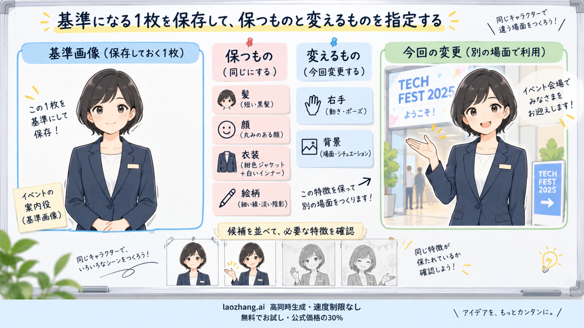 案内役の髪・顔・衣装・絵柄を保ち、手のポーズと背景を変える指示の説明図
