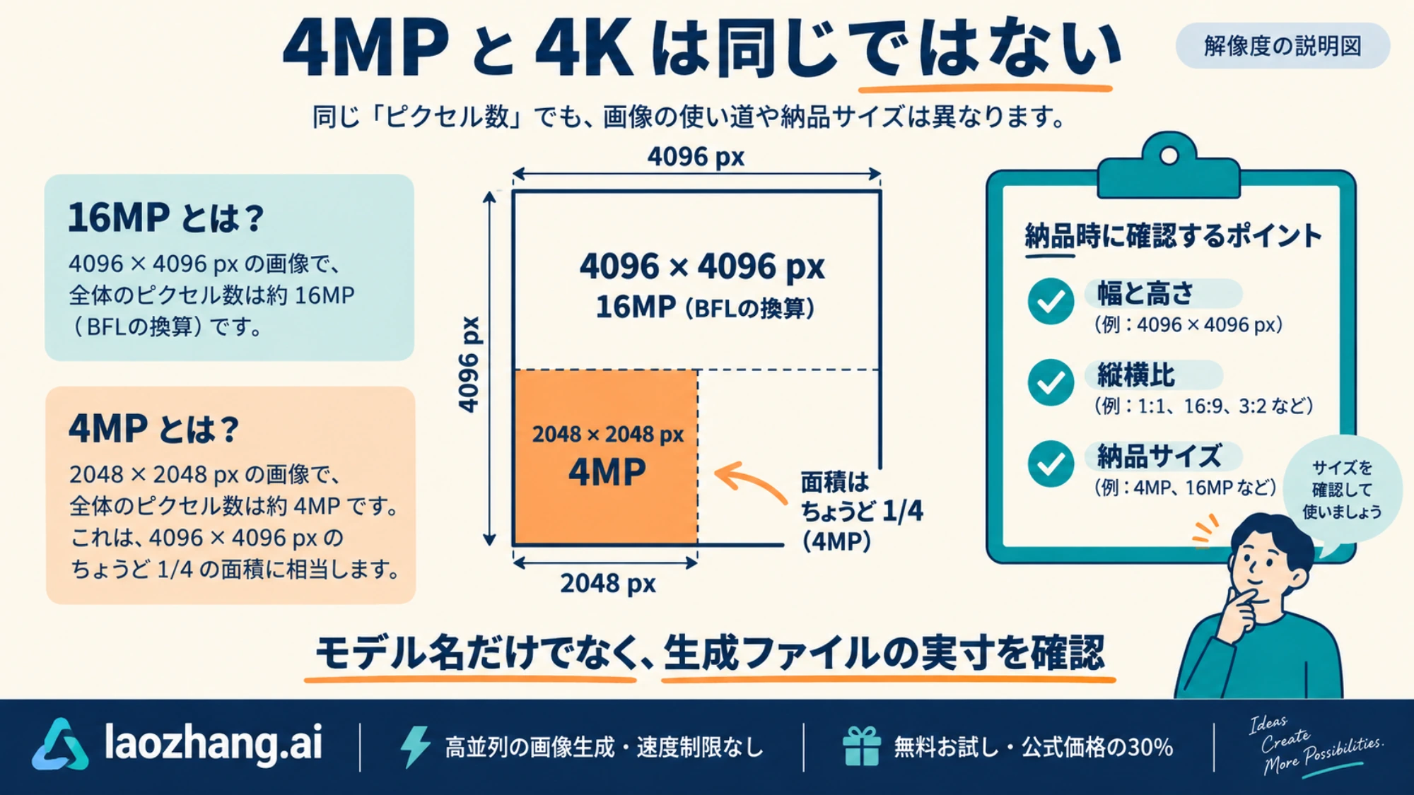 2048×2048の4MPと4096×4096の16MPを比較し、納品時に幅・高さ・縦横比を確認する説明図