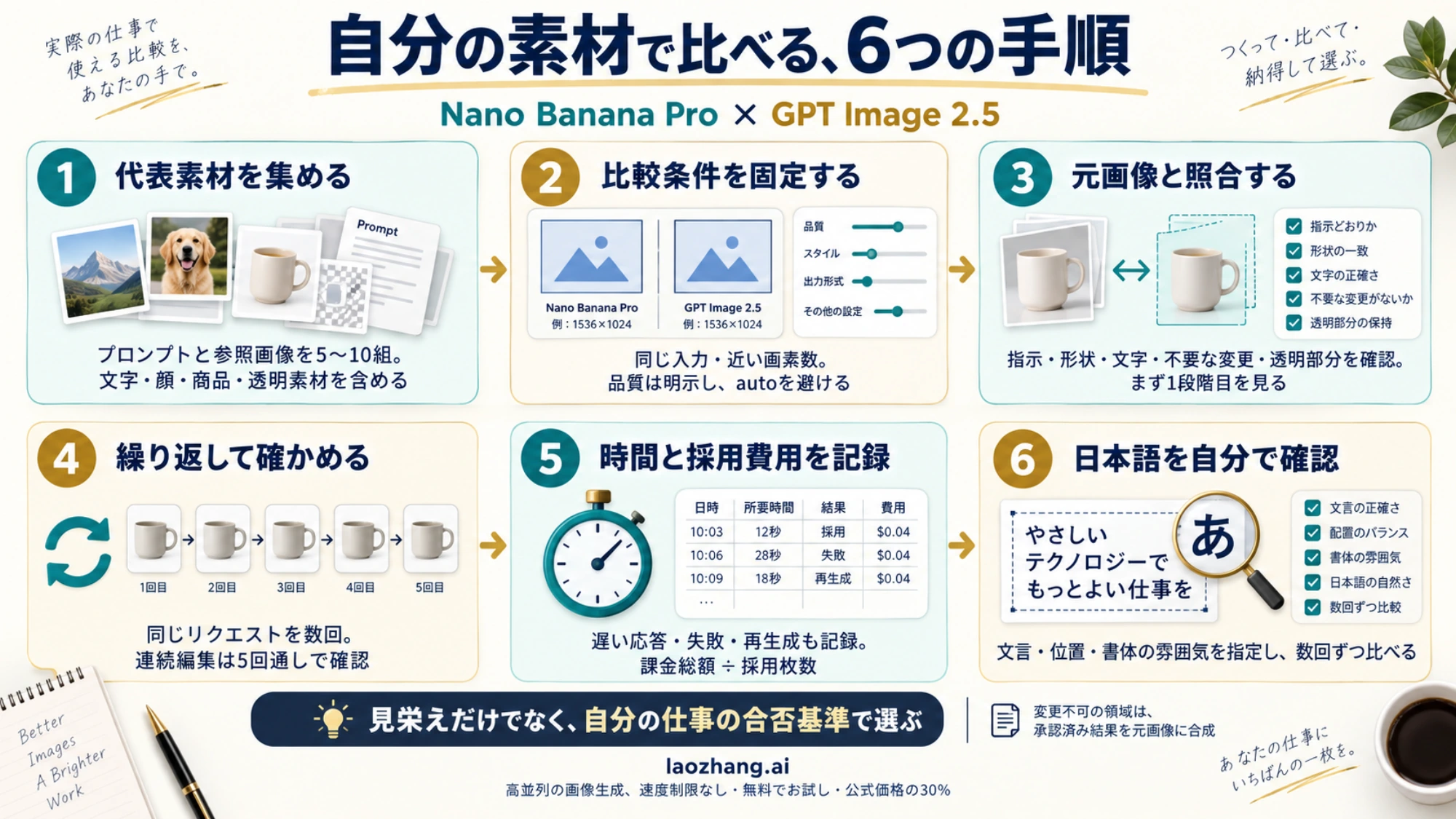 自分の素材で Nano Banana Pro と GPT Image 2.5 を比べる6つの手順を示したカード図