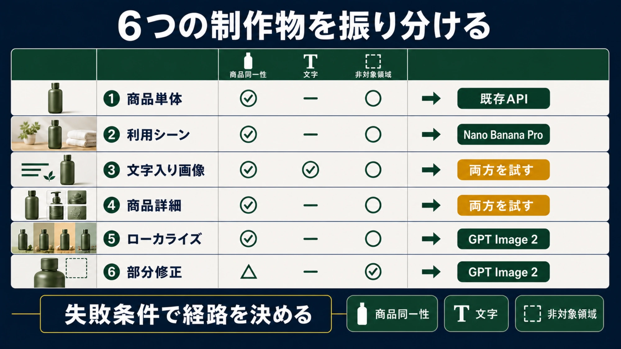 六つのEC画像用途を、商品同一性、文字、参照画像、部分編集で振り分ける判断表