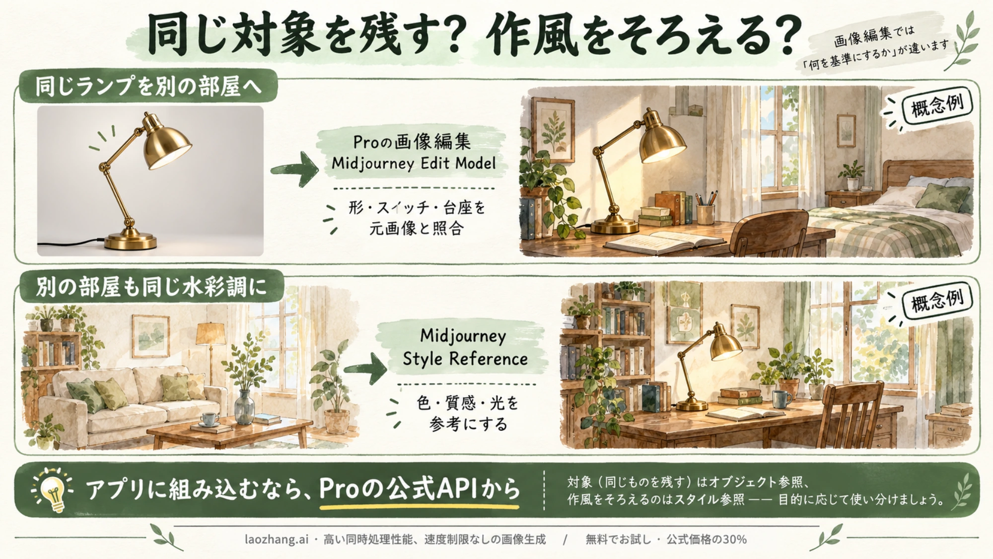 用途ごとにNano Banana ProとMidjourneyを選ぶ観点を示した編集用の図