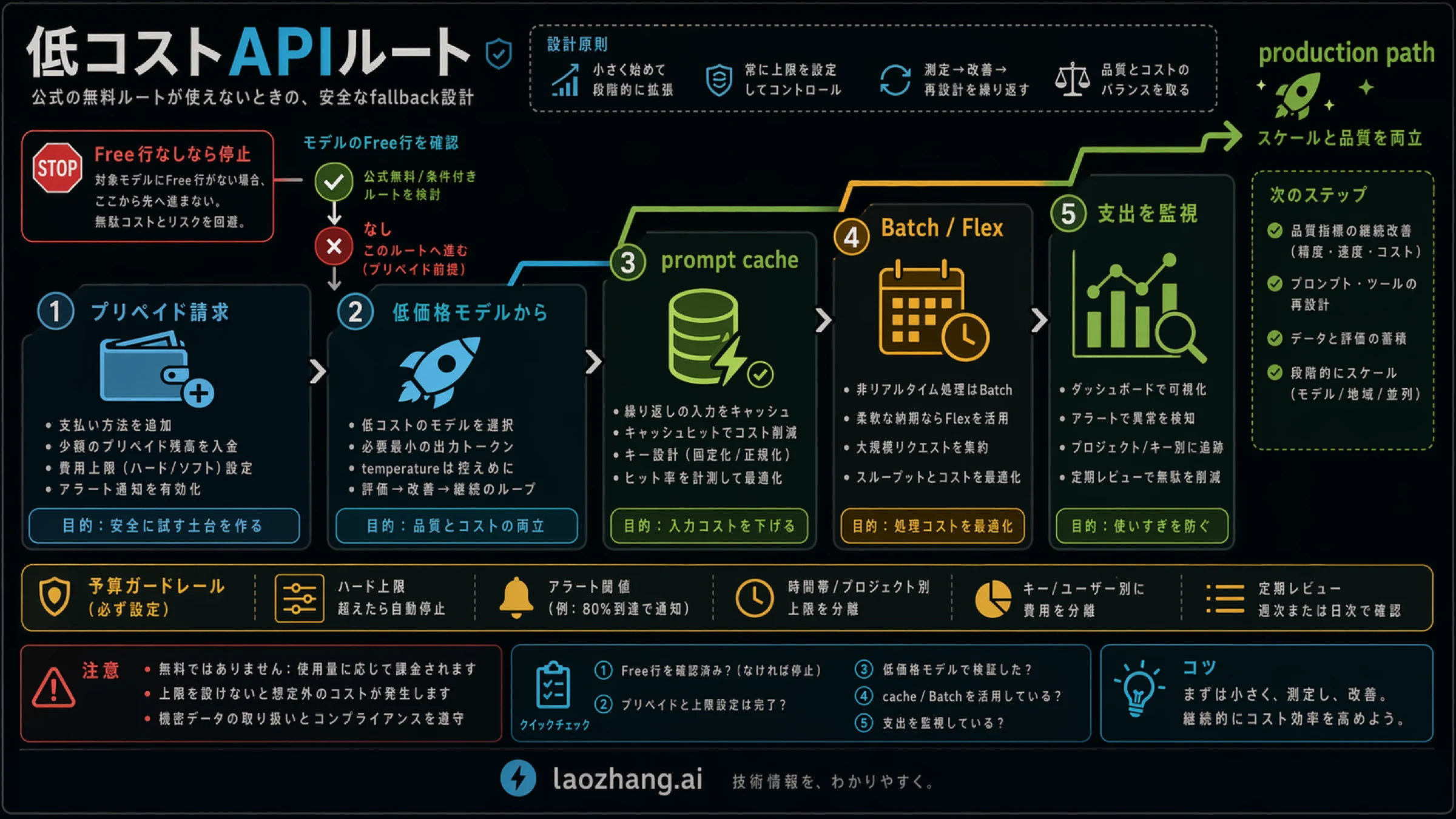 Low-cost OpenAI onboarding ladder showing prepaid billing, cheap model choice, cached input, batch savings, and flex processing