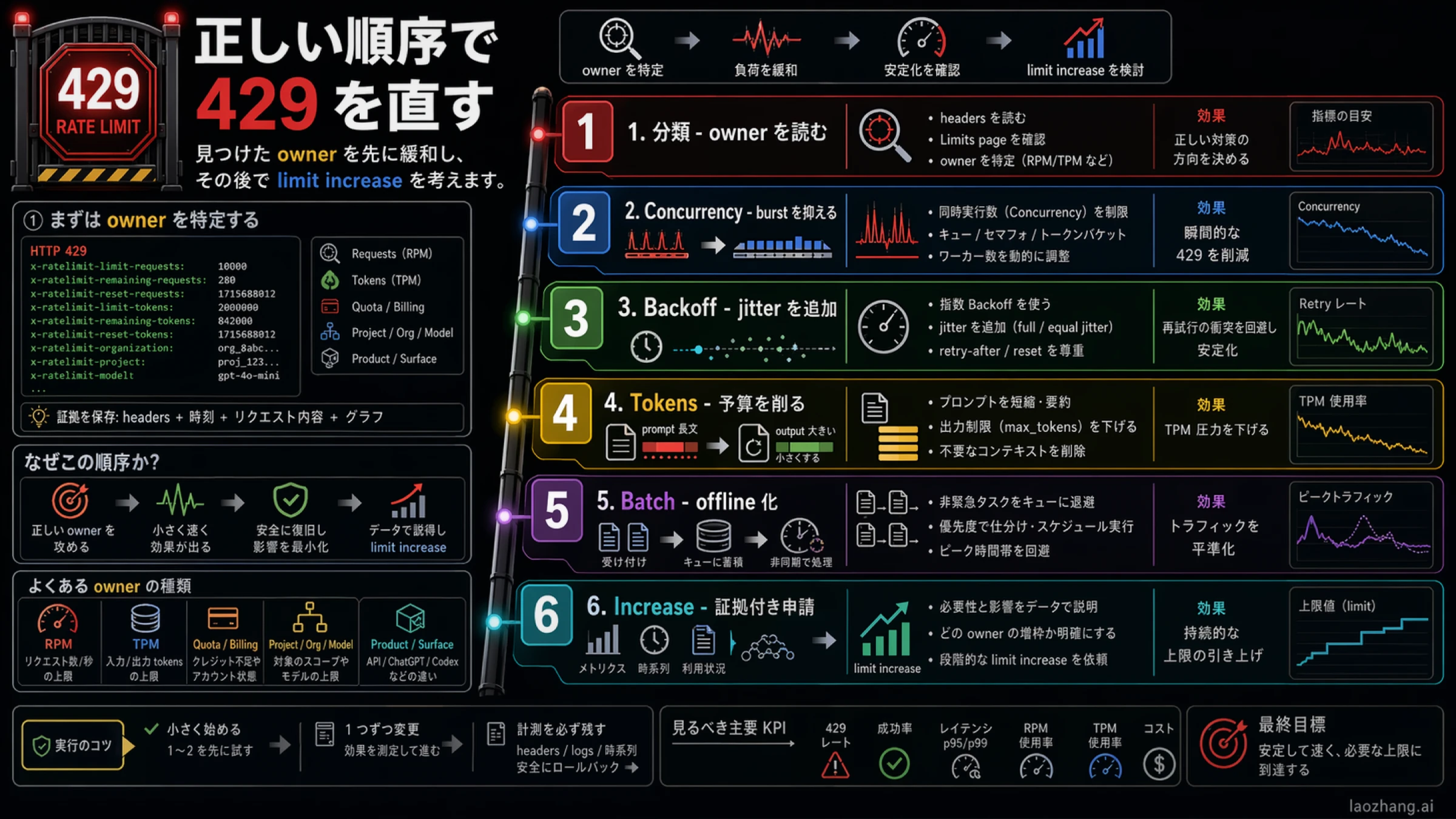 429 緩和の段階図。owner 判定、concurrency、backoff、token 削減、Batch、増枠の順番