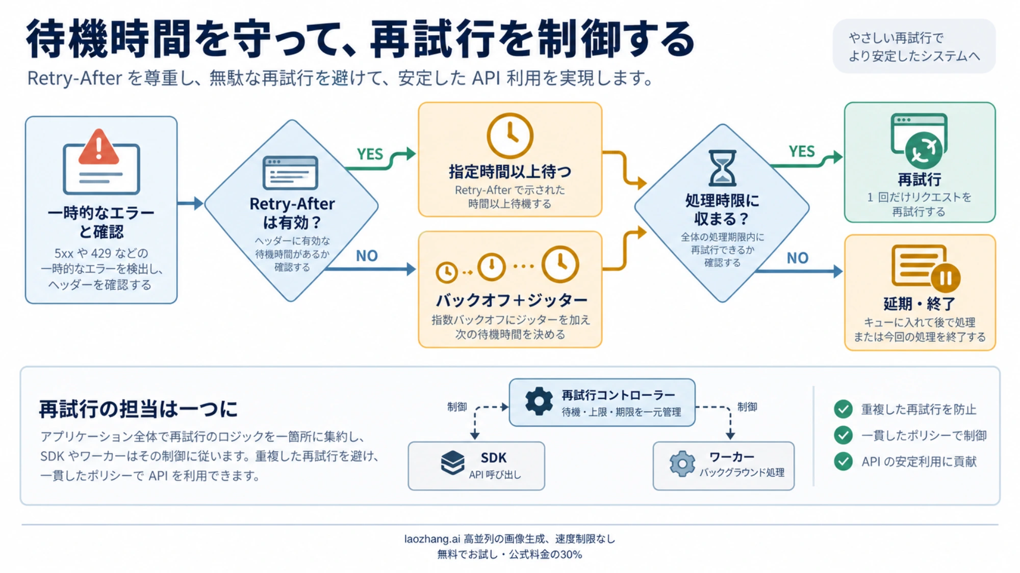 Retry-Afterの有無から待機を決め、処理期限内で再試行し、SDKとワーカーの重複再試行を避ける手順図