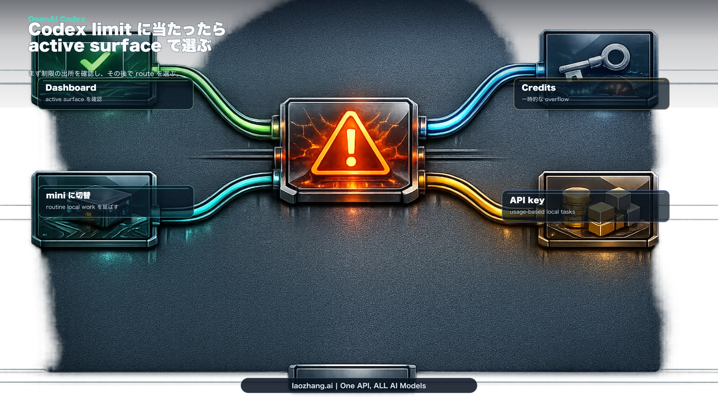 Codex の制限に当たった後、Plus / Pro、team workspace、API users で次の動きが違うことを示す図