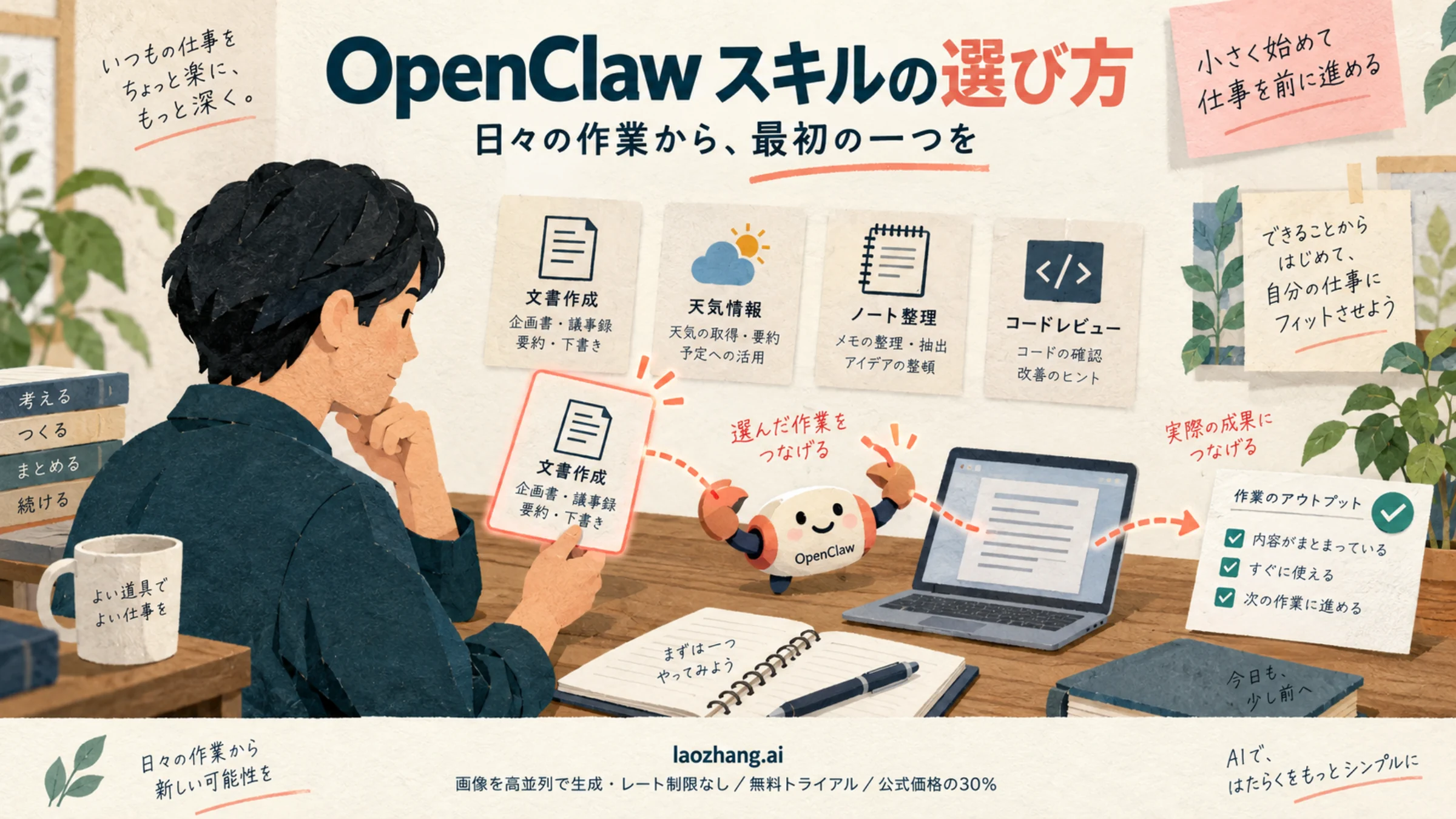 日々の作業からOpenClawのスキルを一つ選び、必要な作業の出力につなげるイメージ