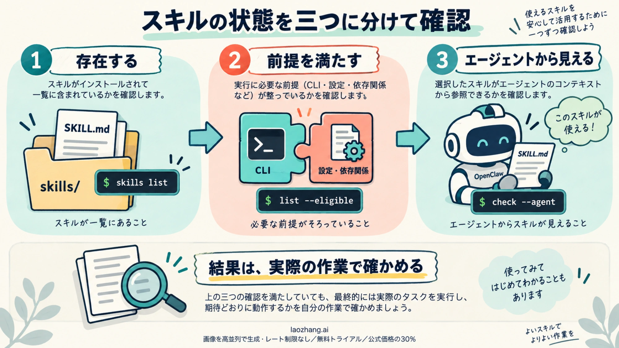 スキルの存在、前提条件、エージェントから見える状態を分け、作業の結果は別に確認する説明図