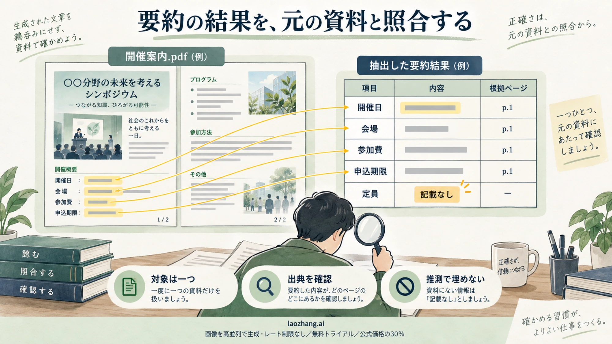 開催案内PDFから得た日付や会場などを元資料と照合し、記載がない情報を推測で埋めない説明図