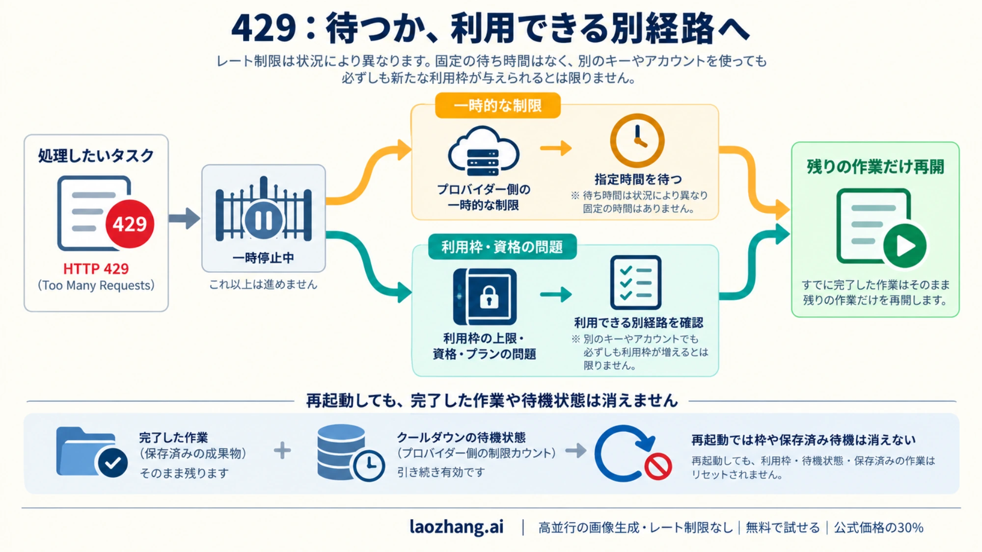 一時的な429は指定時間を待ち、利用枠や資格の問題は使える別経路を確認して、残りの作業だけ再開する説明図