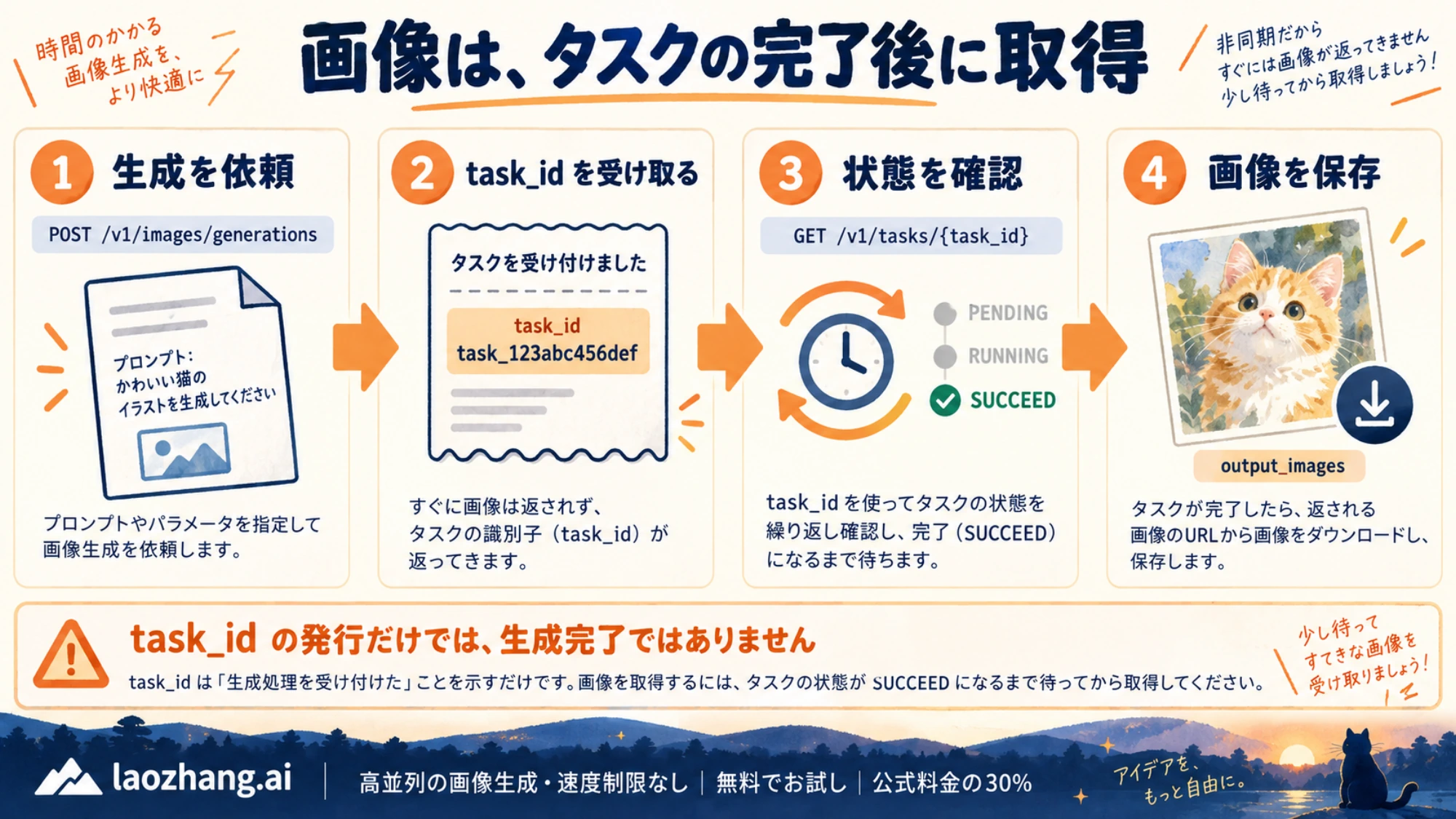 生成の依頼、タスクIDの受領、状態確認、画像保存という非同期APIの流れ