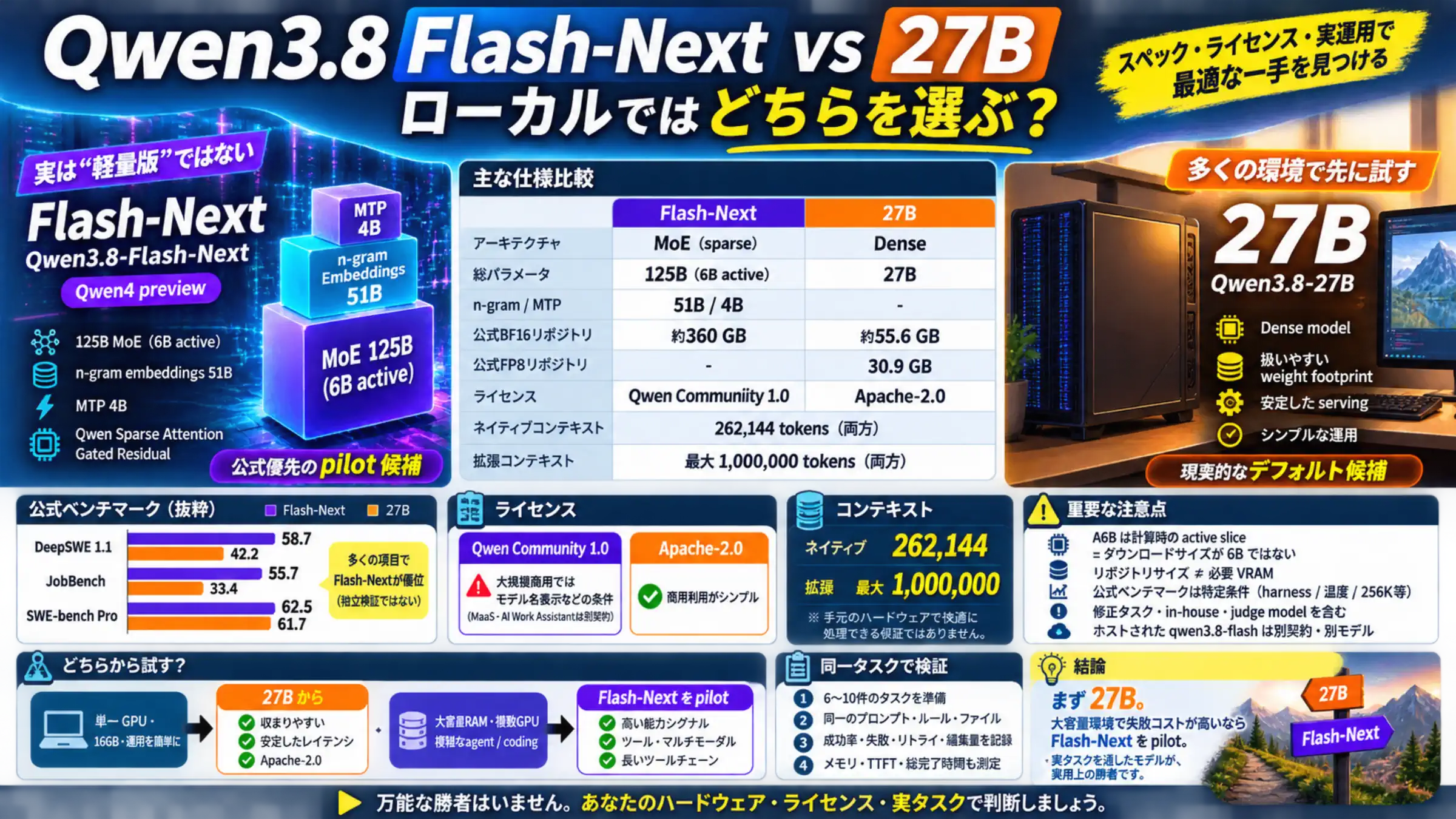 Qwen3.8 Flash-Nextと27Bのローカル実行ルート比較