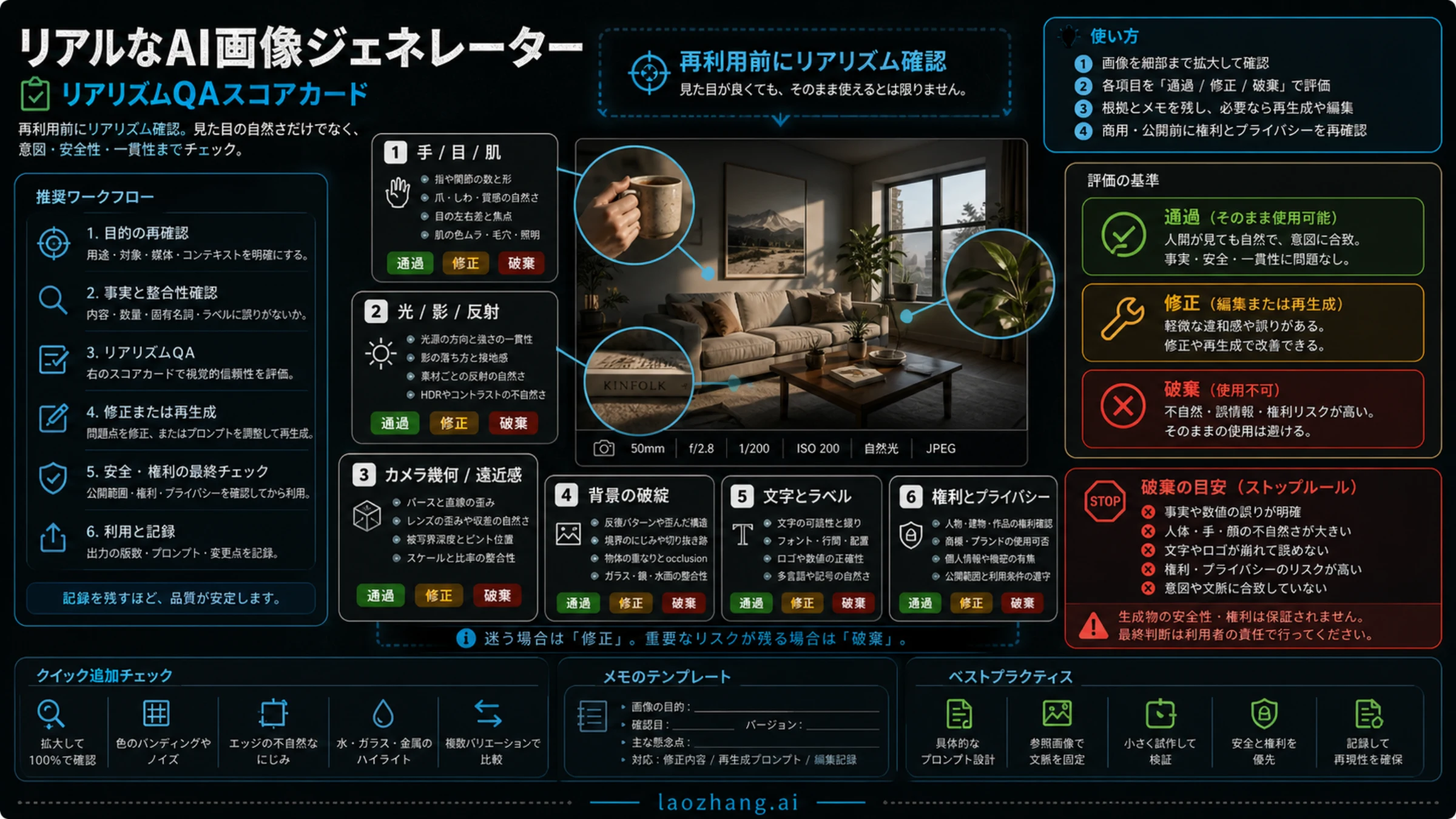 手、目、光、遠近感、文字、権利、プライバシーを確認する写実性QA表