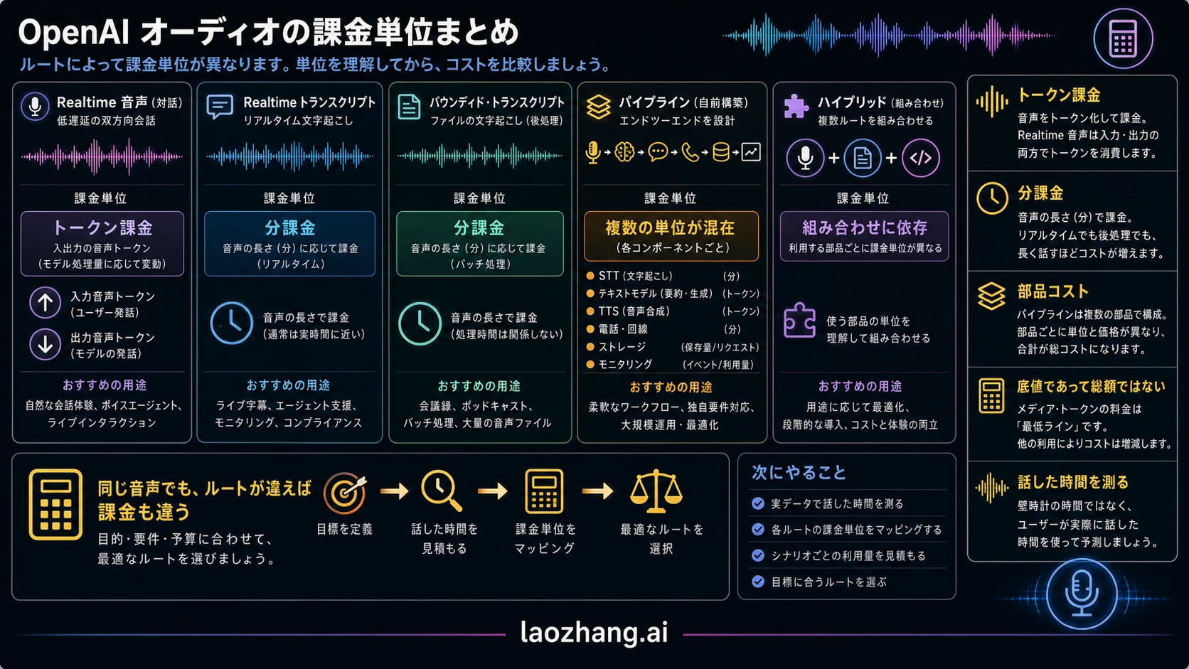 OpenAI audio routes は、公平に比較する前に cost unit を分ける必要がある。