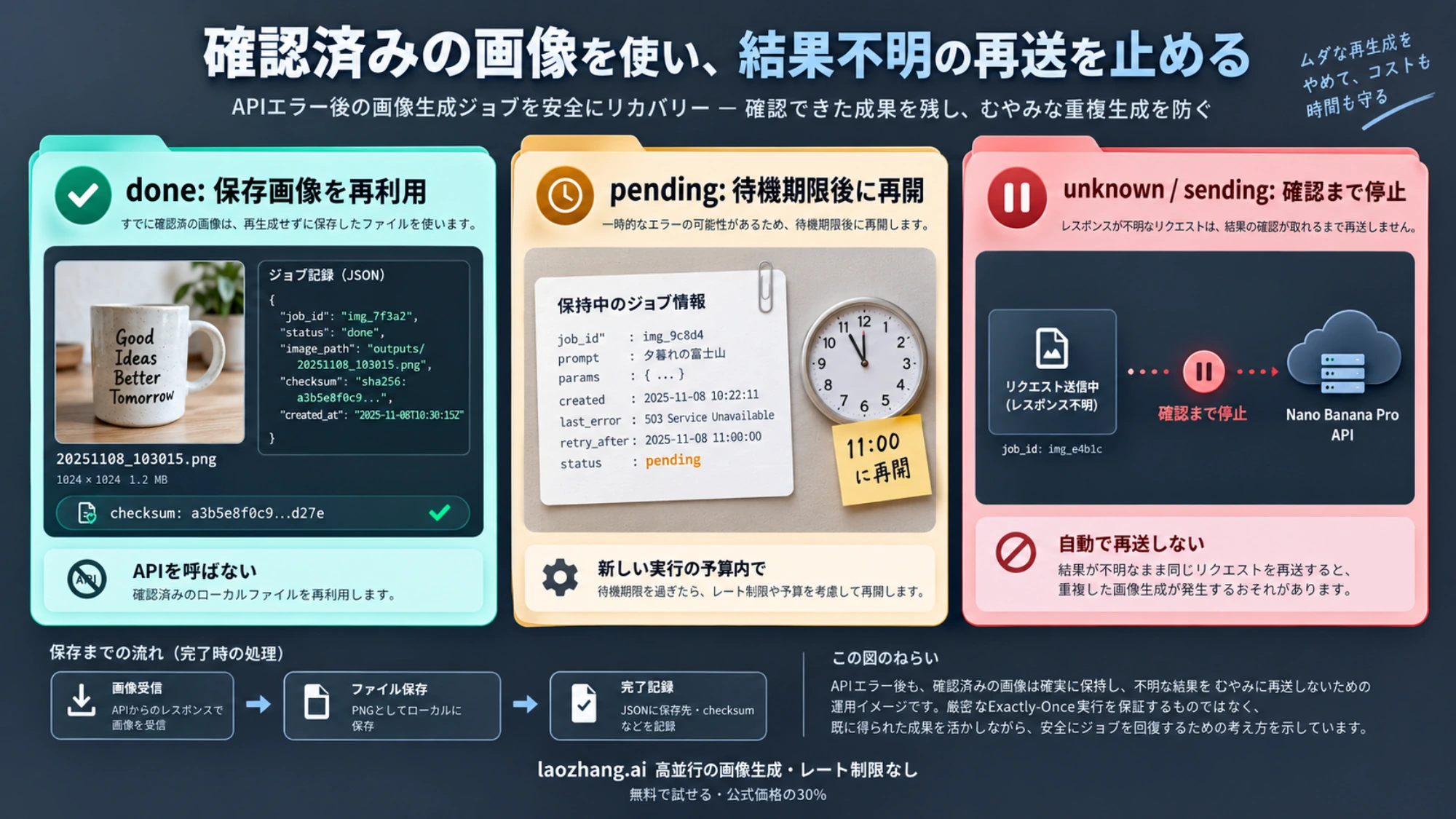 保存画像を再利用するdone、待機後に再開するpending、結果確認まで停止するunknownとsendingの違い