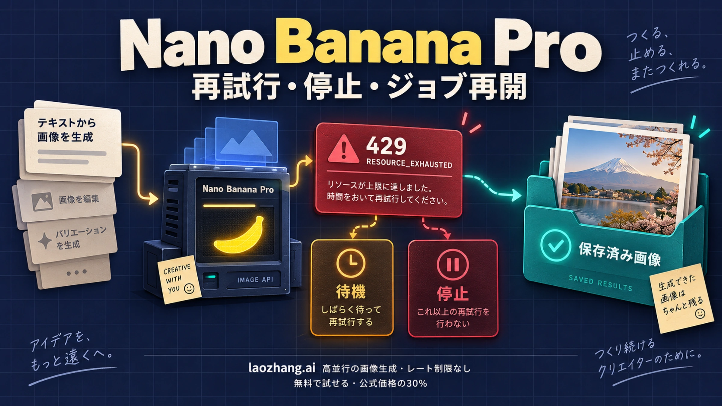 Nano Banana Proの429エラーから待機・停止を選び、保存済み画像を保持する処理の概念図