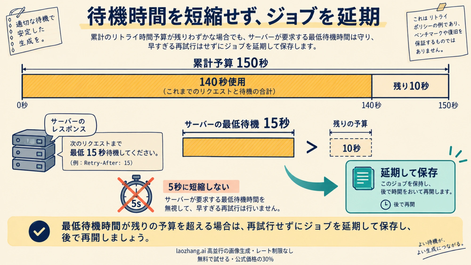 最低待機が残りの時間予算を超える場合、待機を短縮せず画像ジョブを延期して保持する例