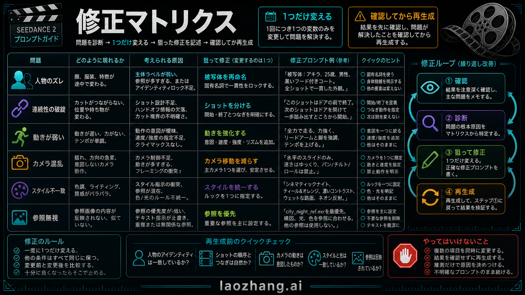 Seedance 2 の日本語修正マトリクス。人物のズレ、連続性、カメラ混乱、参照無視を扱う