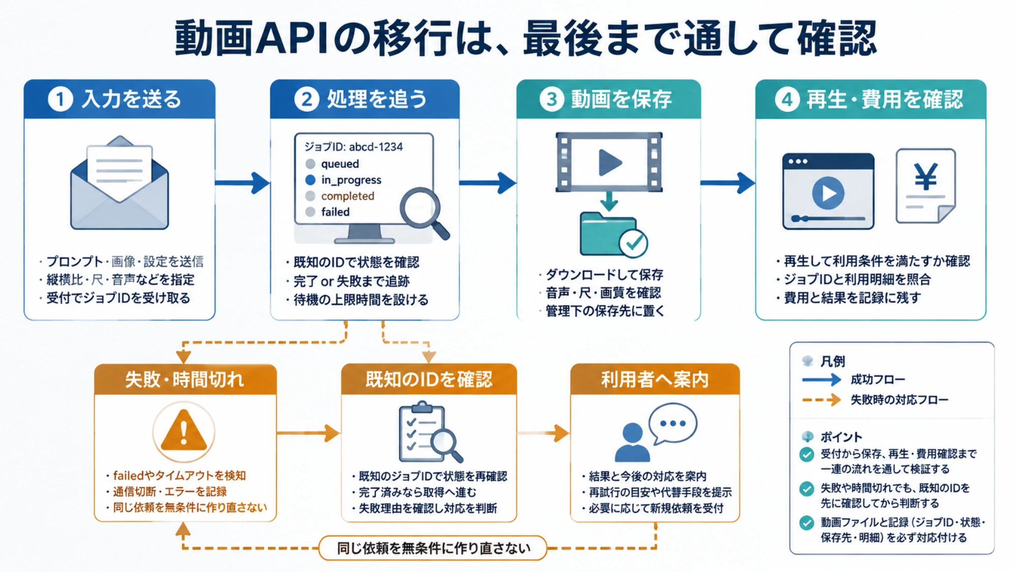 入力送信から動画の保存と再生確認までの移行手順と、失敗時に既知のジョブIDを確認する流れ
