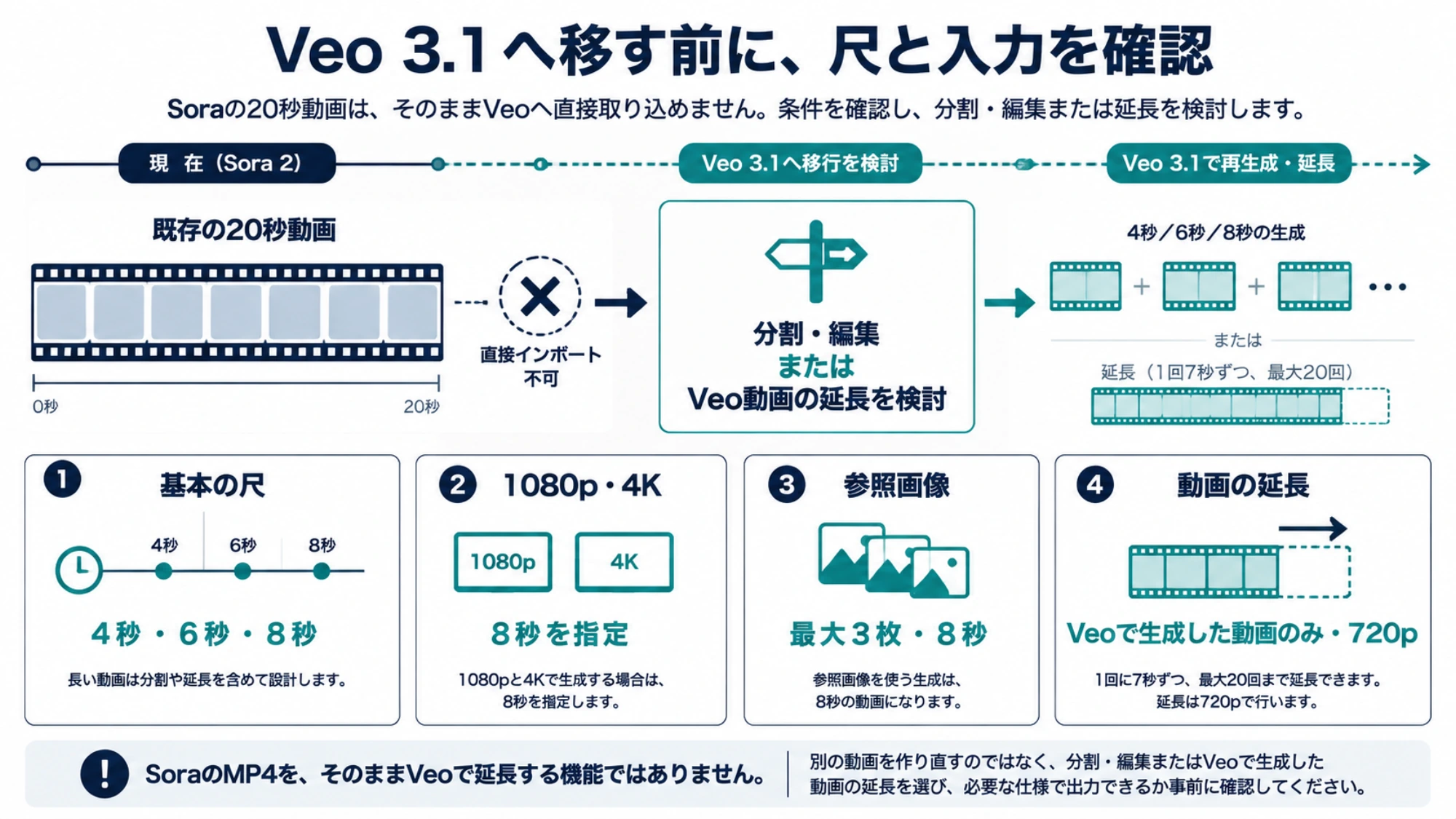 Veo 3.1の生成時間、解像度、参照画像、動画延長の条件を整理した図