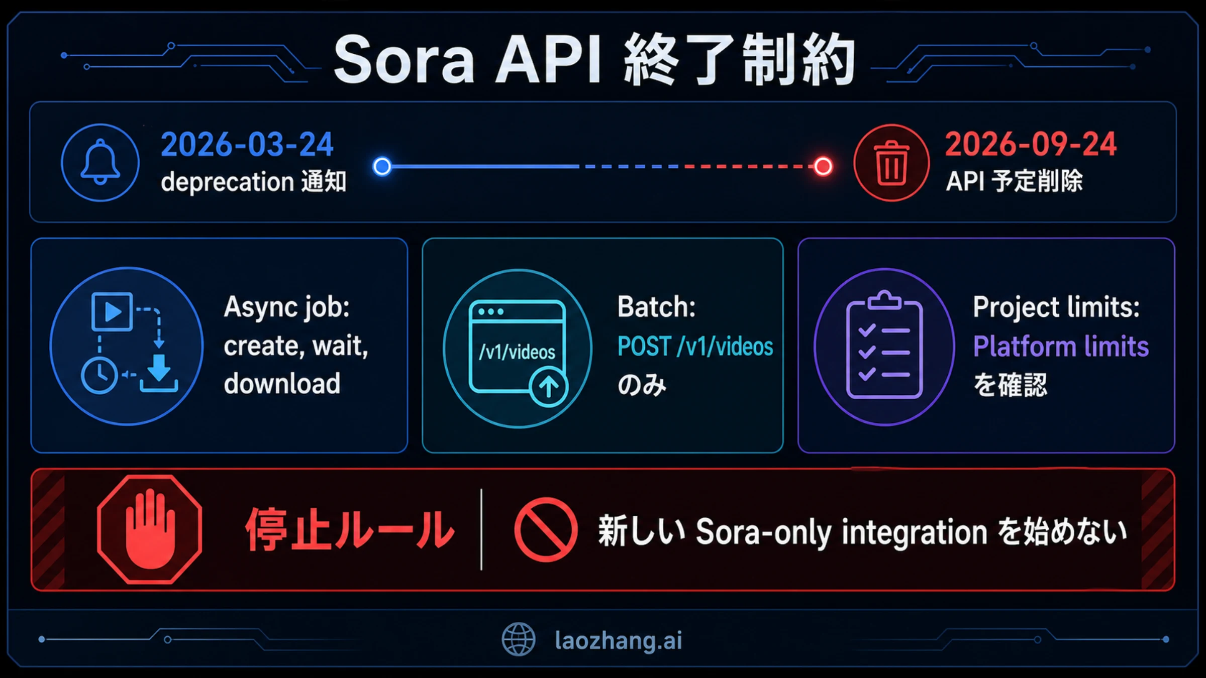 Sora API の終了日、非同期ジョブ、Batch 範囲、移行停止ルールを示すボード