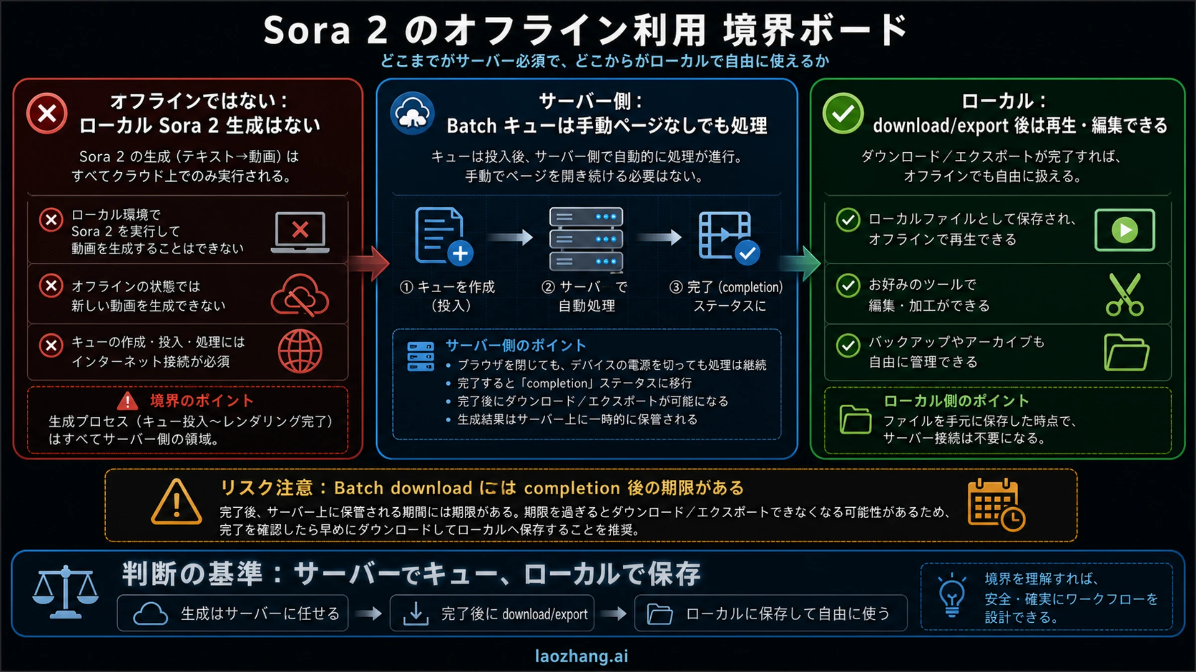 Sora 2 のオフライン境界をローカル生成、Batch キュー、ダウンロード再生、期限リスクに分けるボード