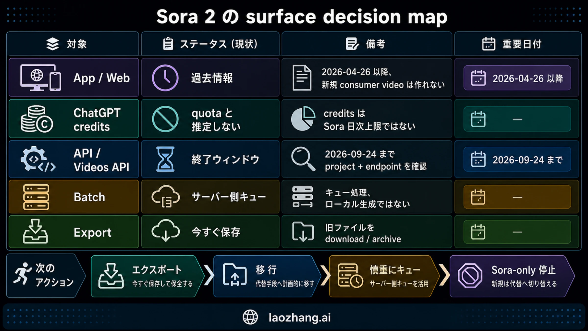 Sora 2 の各 surface を旧上限、API 制約、エクスポート、移行に分けるマップ