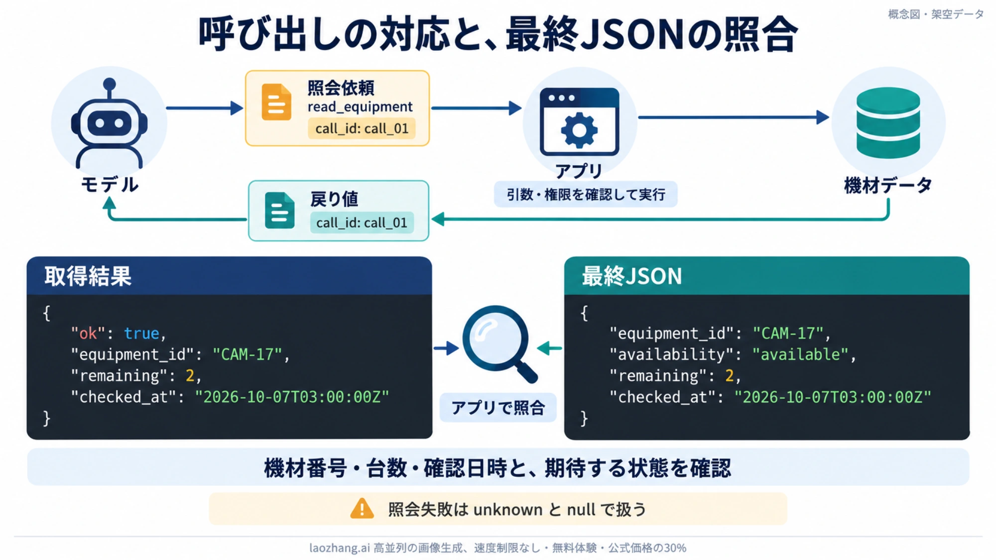 機材の照会依頼と戻り値を同じcall_idで対応させ、最終JSONを取得結果と照合する概念図