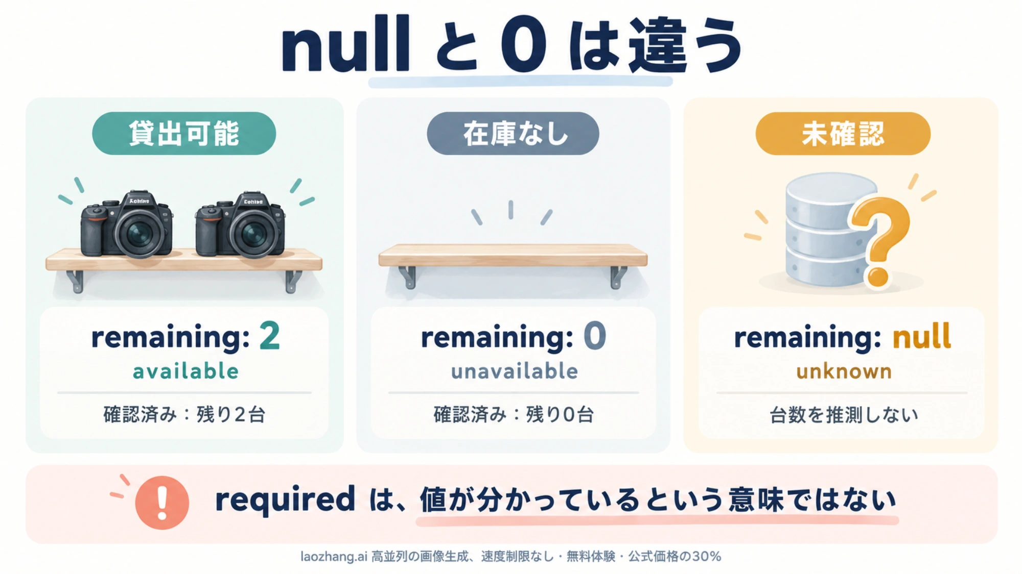 機材の残り台数が2、0、nullの場合を、貸出可能・在庫なし・未確認に分けた概念図