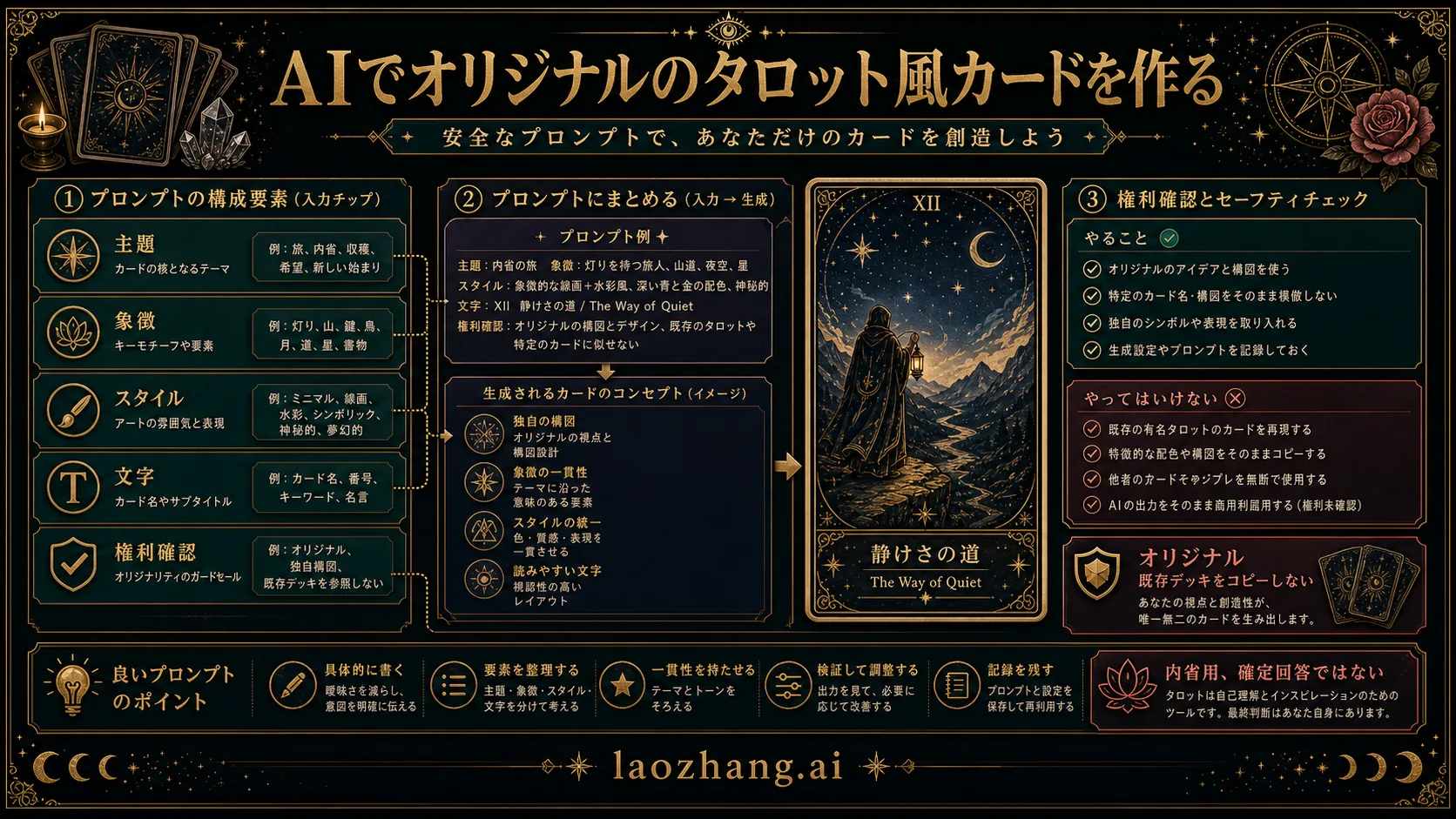 オリジナルのタロット風カード画像を作るためのプロンプト構造と権利確認