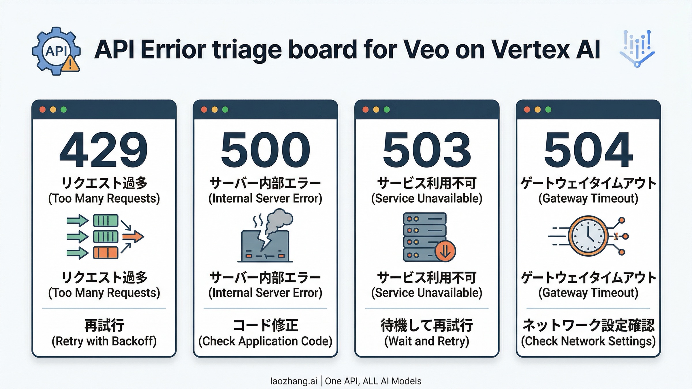 Google Veo on Vertex AI の 429・500・503・504 を分岐する API エラー図
