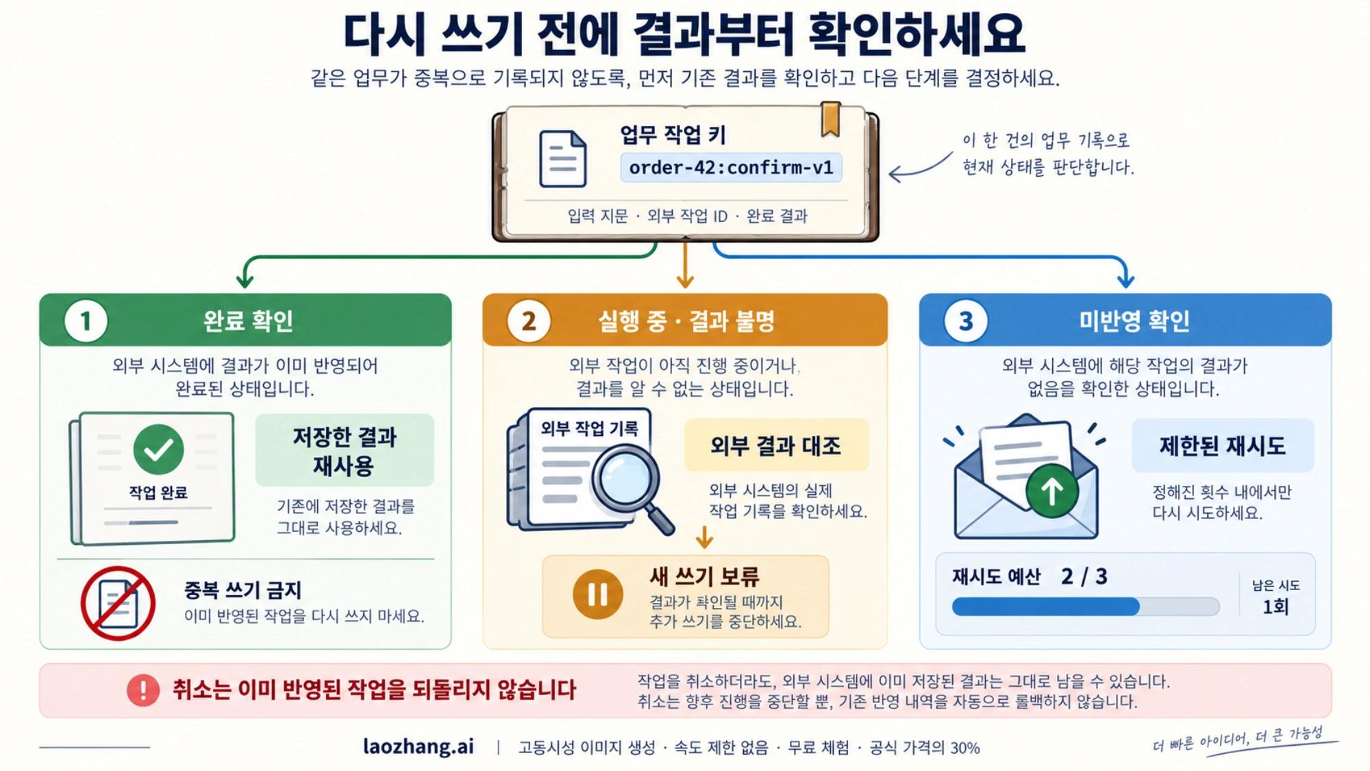같은 업무 작업 키의 완료, 결과 불명, 미반영 확인 상태에 따라 결과 재사용과 새 쓰기 보류, 제한된 재시도를 나누는 개념도