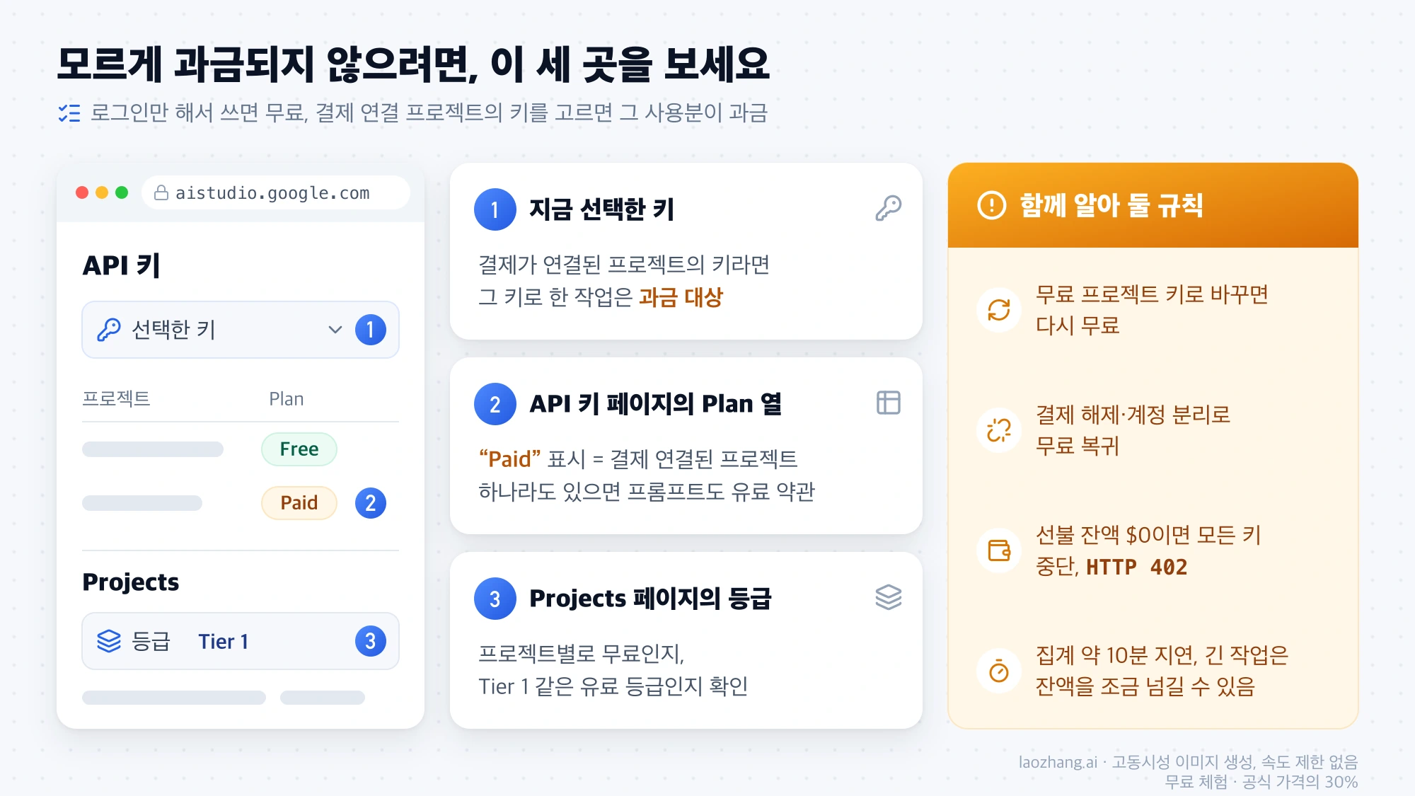 AI Studio에서 과금 여부를 확인할 세 곳인 선택한 API 키, API 키 페이지 Plan 열의 Paid 표시, Projects 페이지의 등급과 무료 복귀·선불 잔액 소진 시 규칙을 정리한 체크리스트