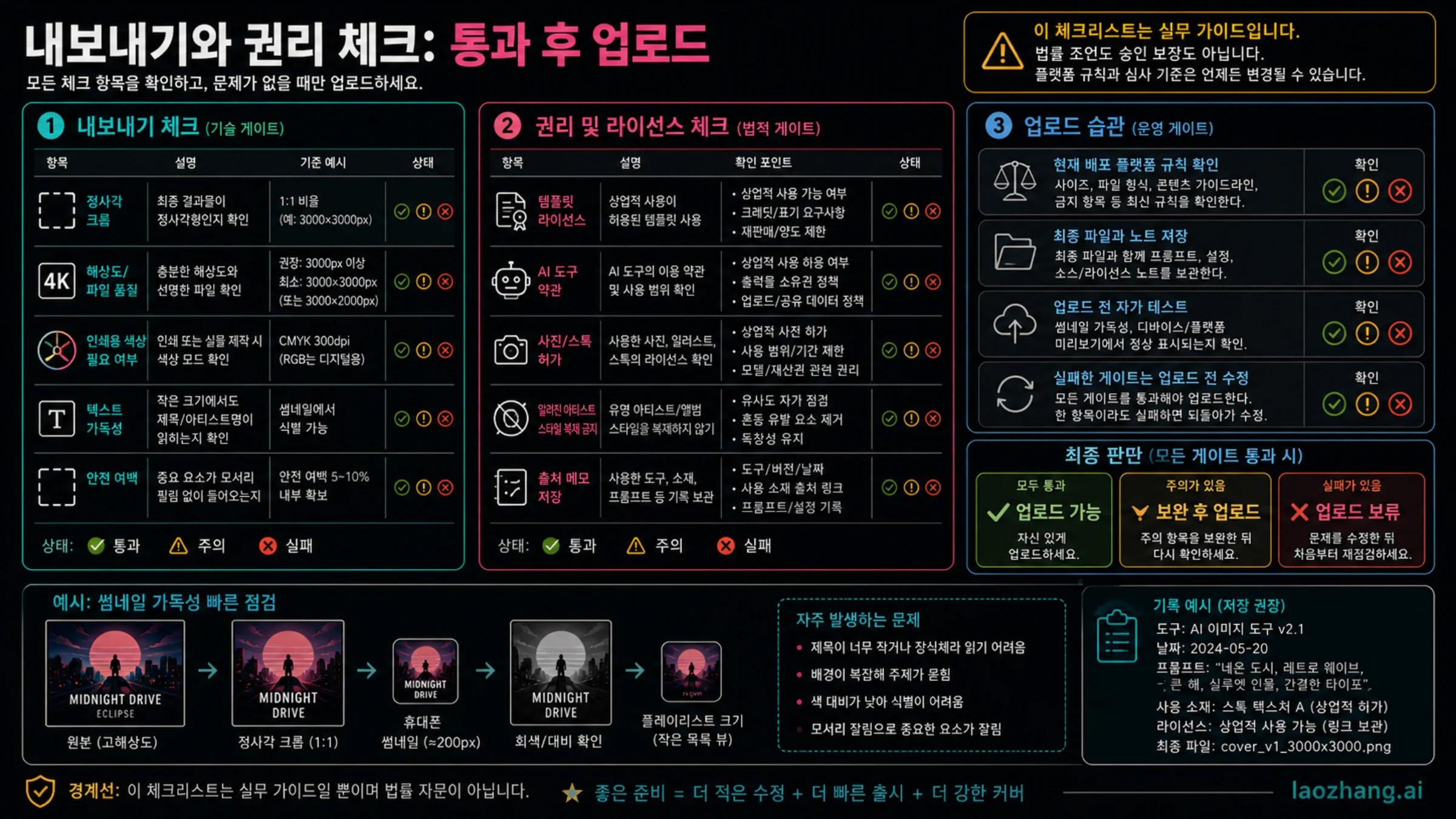 앨범 커버 내보내기와 라이선스 체크리스트: 정사각형, 해상도, 텍스트, 워터마크, 라이선스, 소스 노트, 플랫폼 규칙