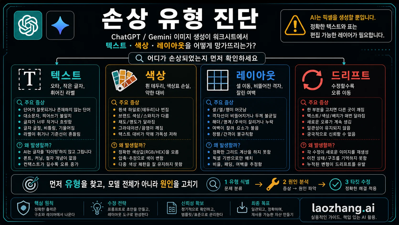 AI 생성 워크시트 이미지의 텍스트, 색상, 레이아웃, 반복 수정 드리프트 분류.