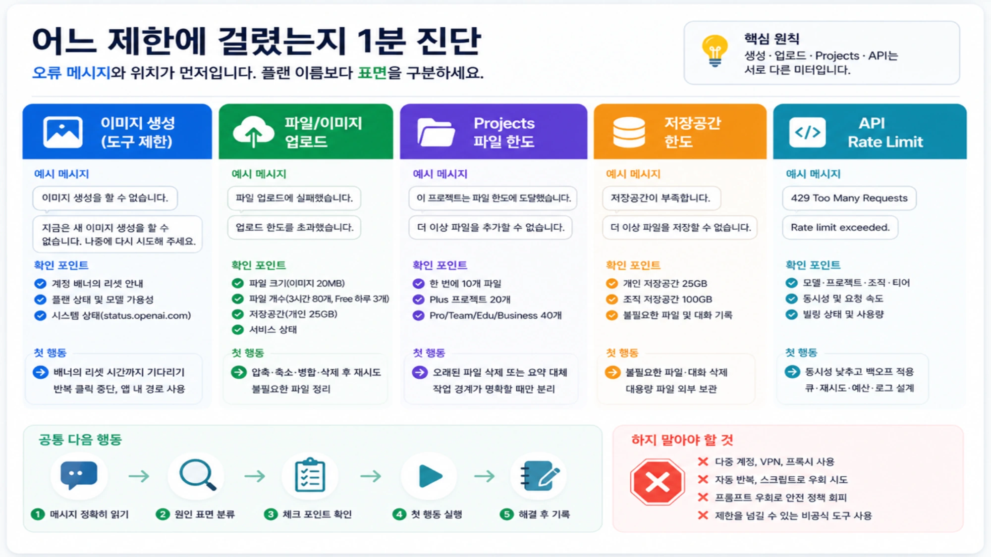 ChatGPT 생성, 업로드, 저장공간, Projects, API 제한을 구분하는 글 삽화
