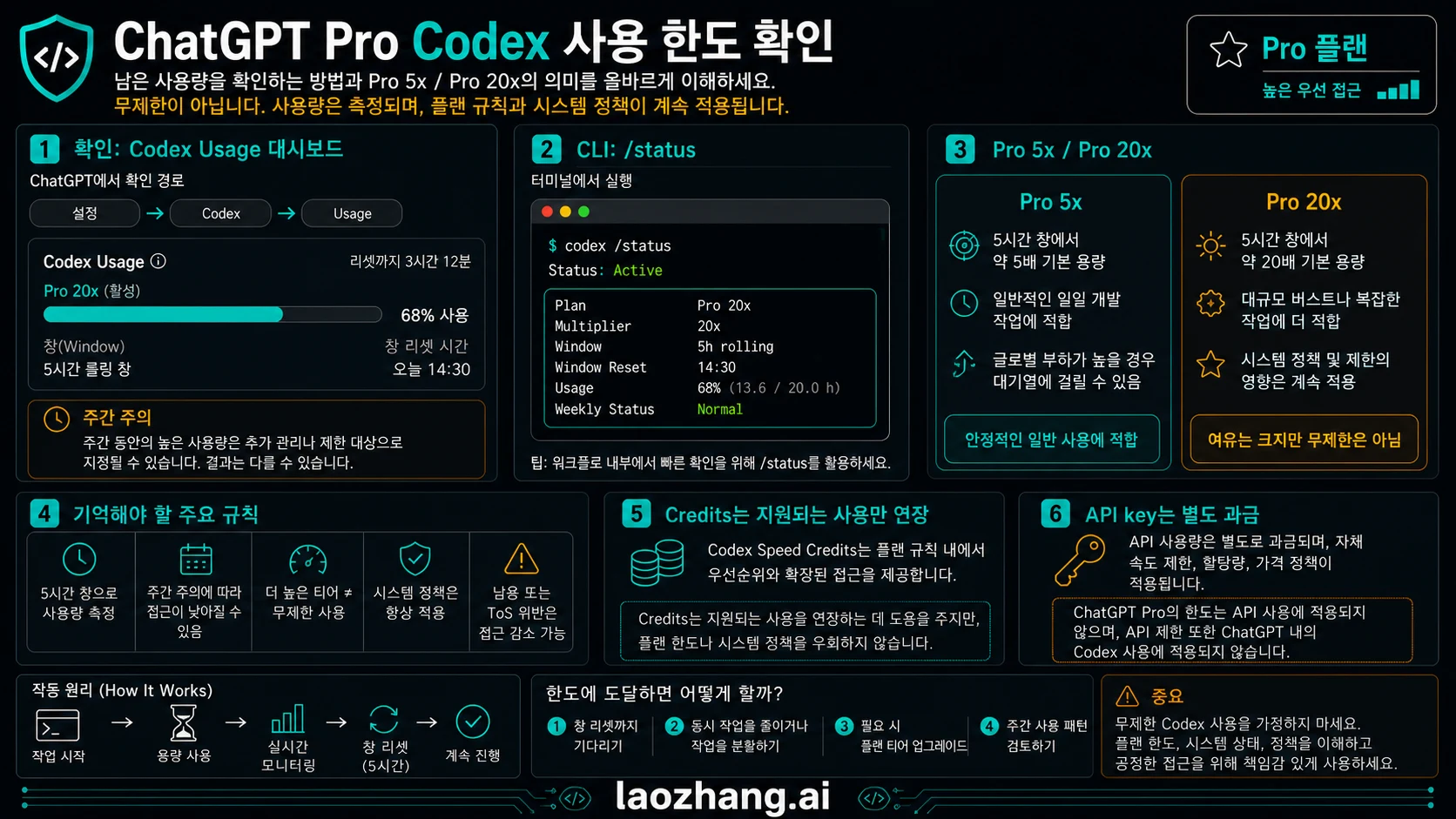 ChatGPT Pro Codex 한도 확인: Usage, /status, Pro 5x/20x, credits