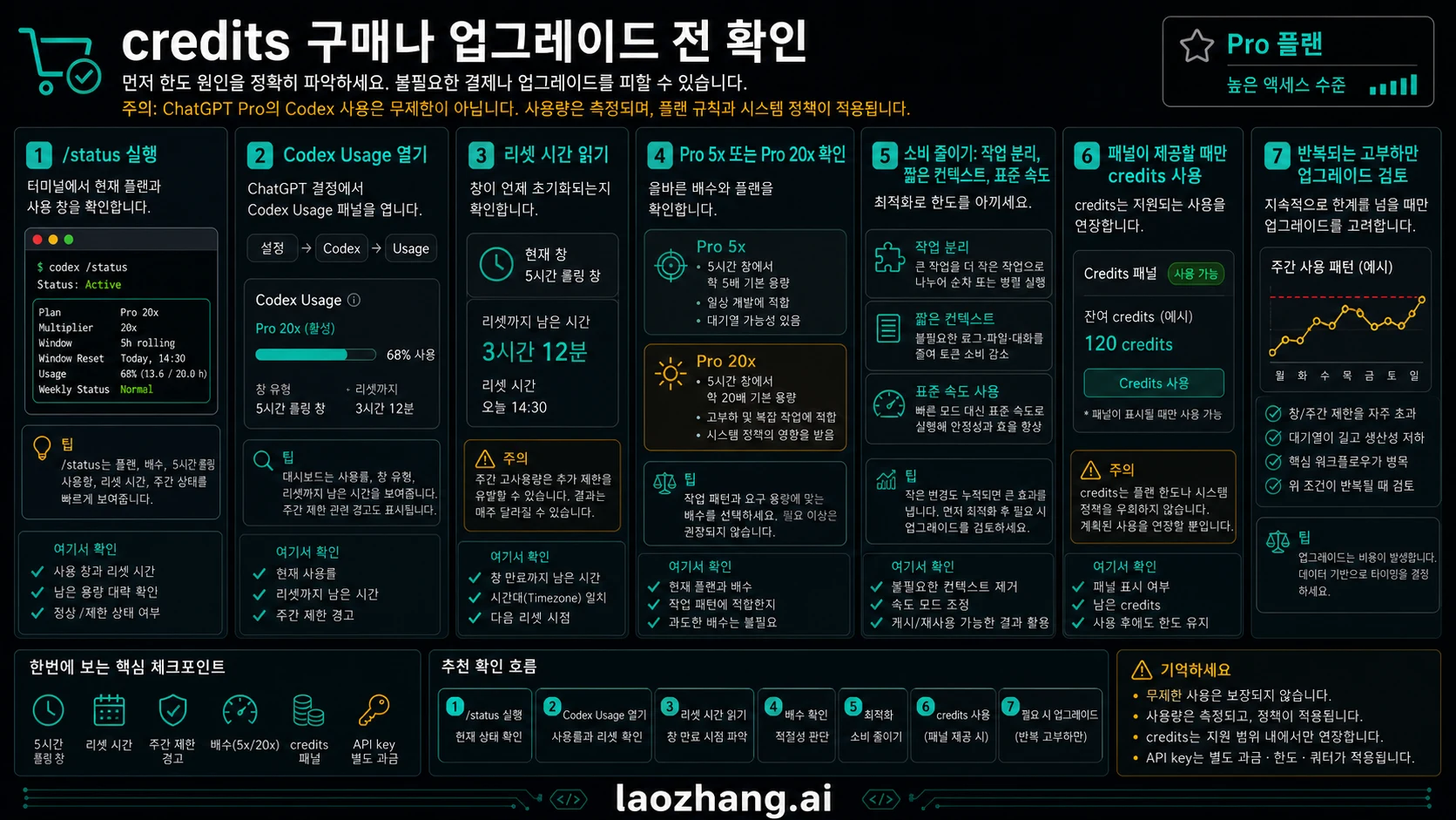 Localized preflight checklist for ChatGPT Pro Codex showing model choice, fast mode, cloud work, review usage, weekly pressure, and reset checks