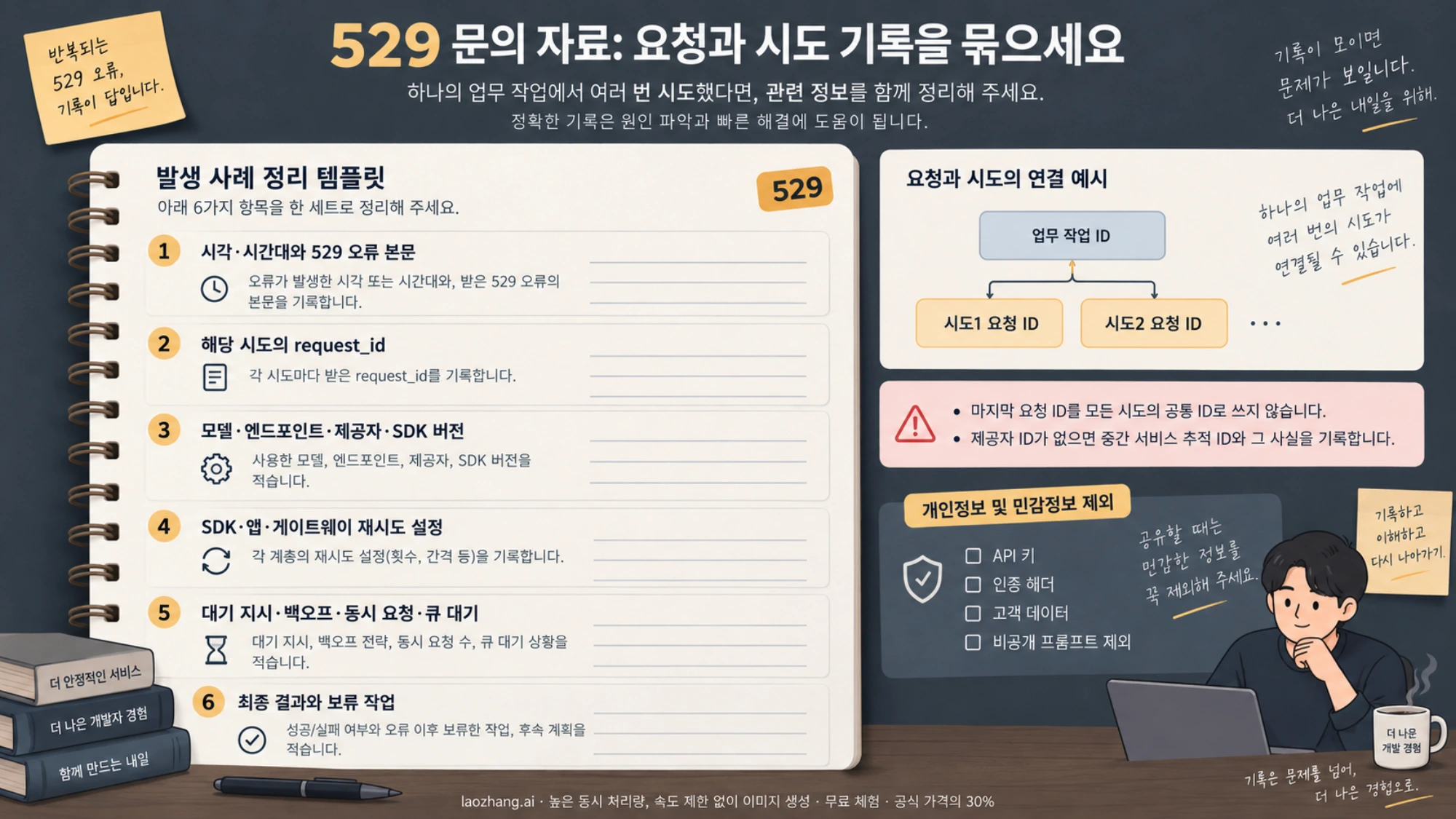 반복 529의 각 요청 ID와 오류, 모델 경로, 재시도와 큐 상태를 업무 작업으로 묶는 문의 자료