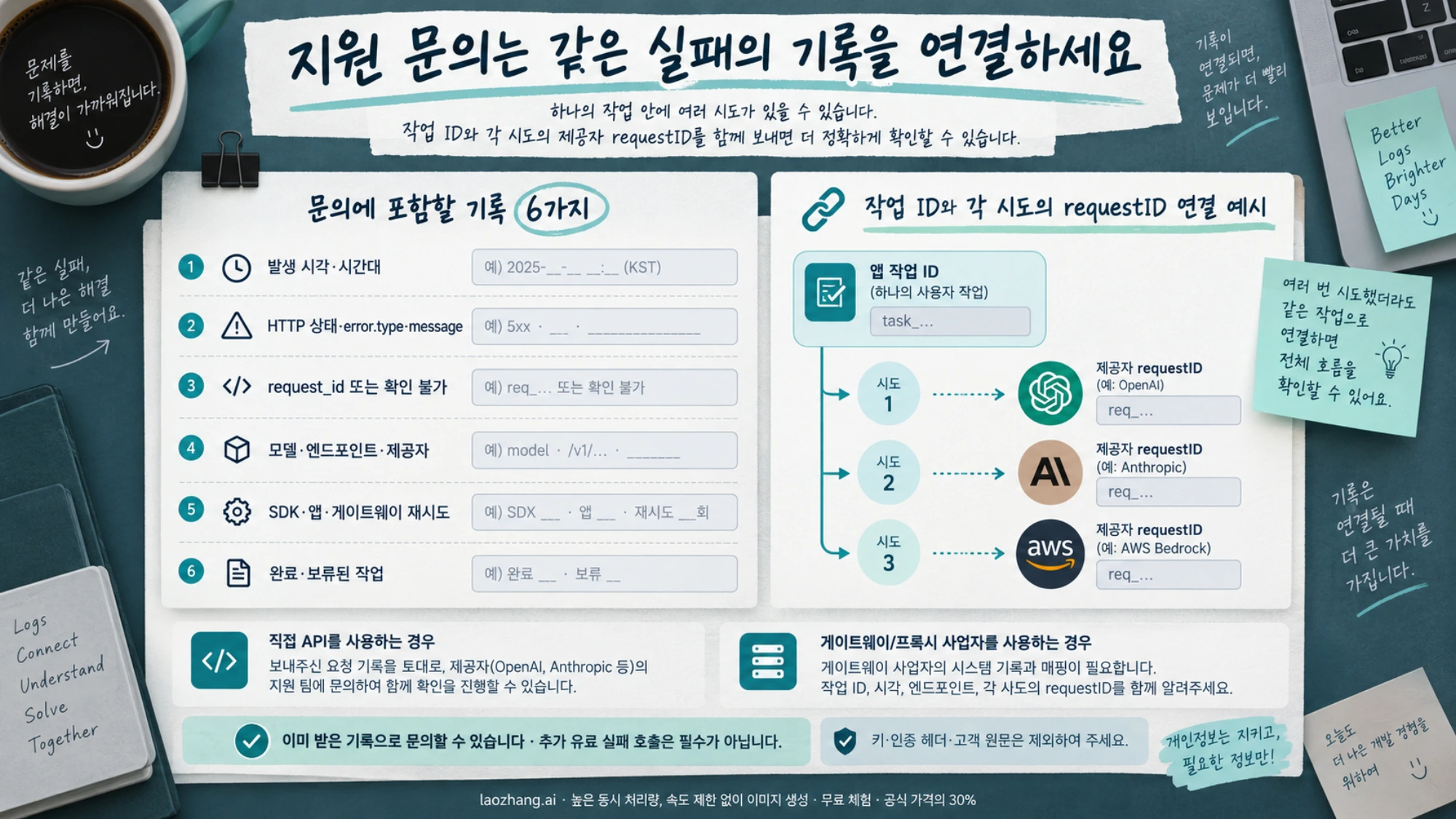 발생 시각, 상태, 요청 ID, 모델 경로, 재시도와 작업 상태를 연결한 지원 문의 기록