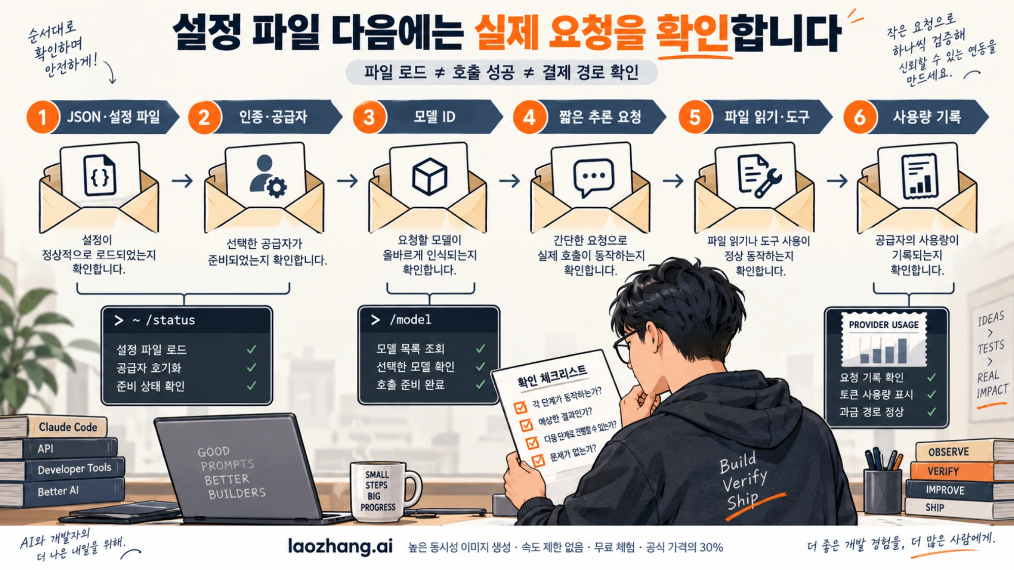 설정 로드부터 인증과 모델, 실제 추론·도구·사용량을 따로 확인하는 단계