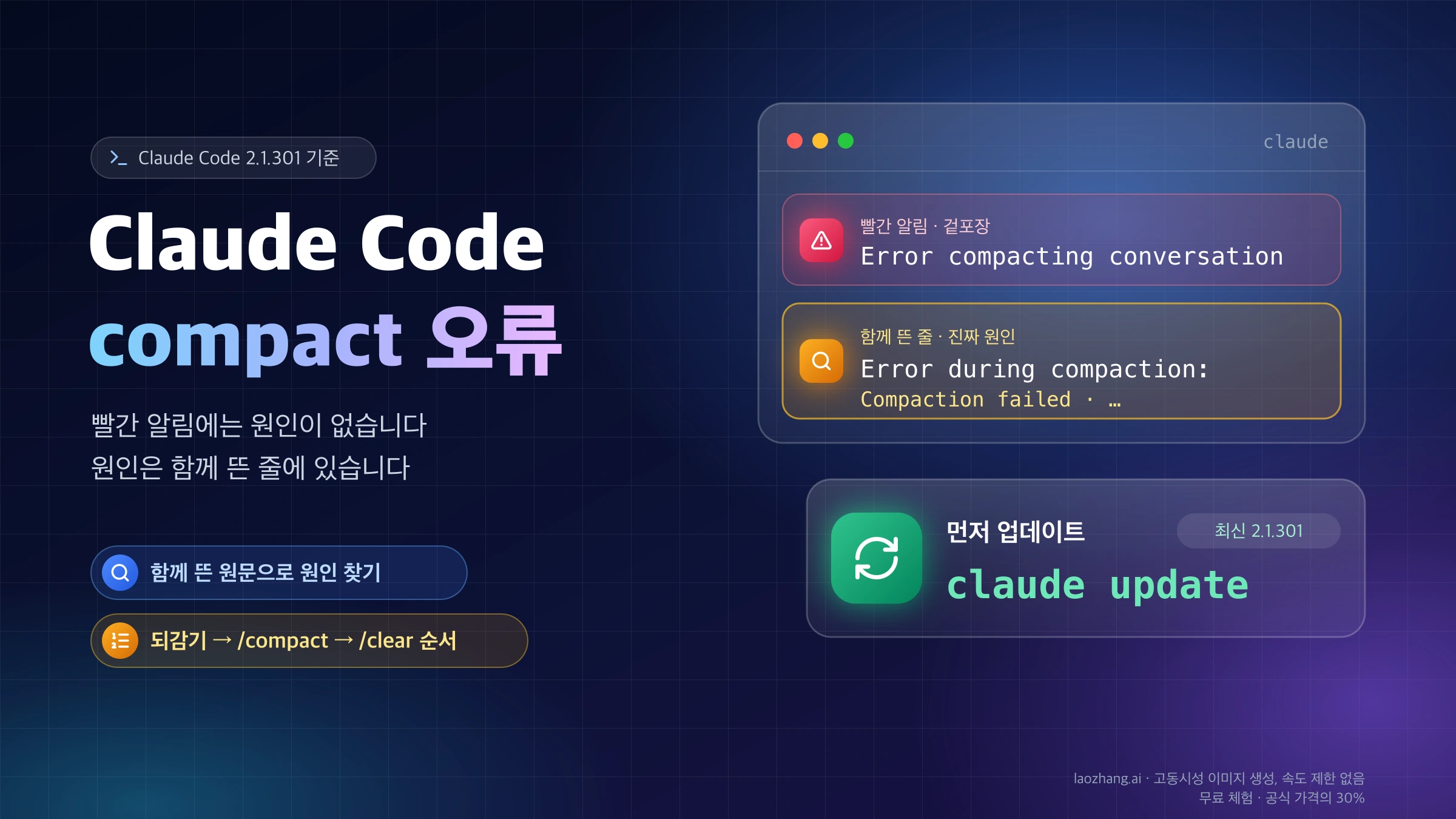 Claude Code 터미널의 빨간 Error compacting conversation 알림 아래 함께 뜬 Error during compaction 줄을 원인으로 짚고, claude update를 먼저 실행하라고 안내하는 표지