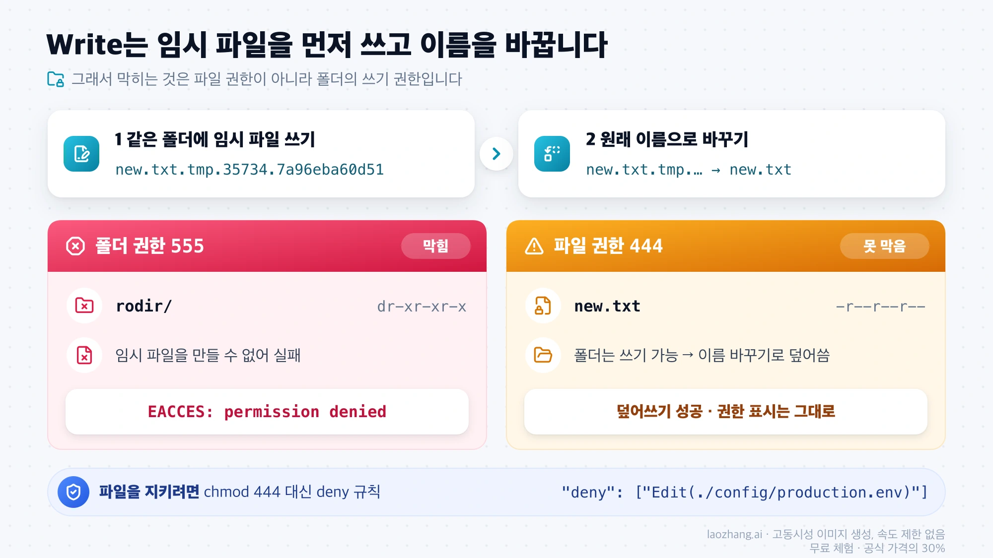 Write 도구가 임시 파일을 쓴 뒤 이름을 바꾸는 과정과, 폴더 555는 EACCES로 막히고 파일 444는 덮어쓰기를 막지 못하는 차이