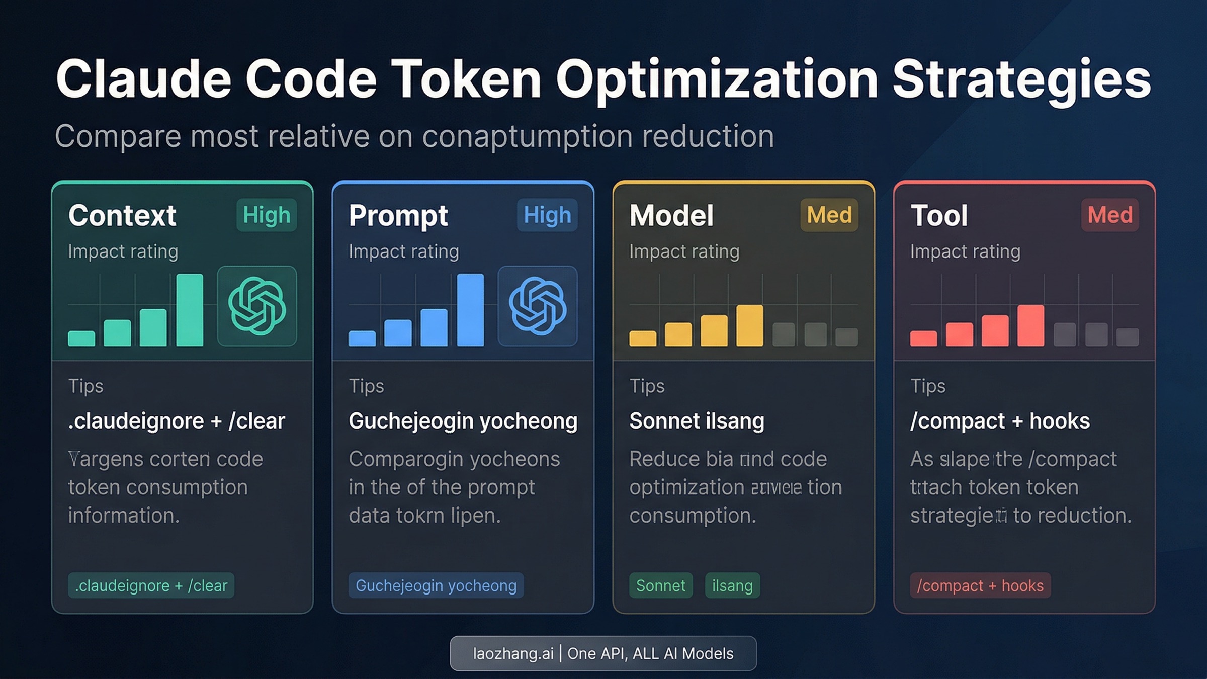 상대적 영향 등급이 표시된 Claude Code 토큰 최적화 전략의 4가지 범주
