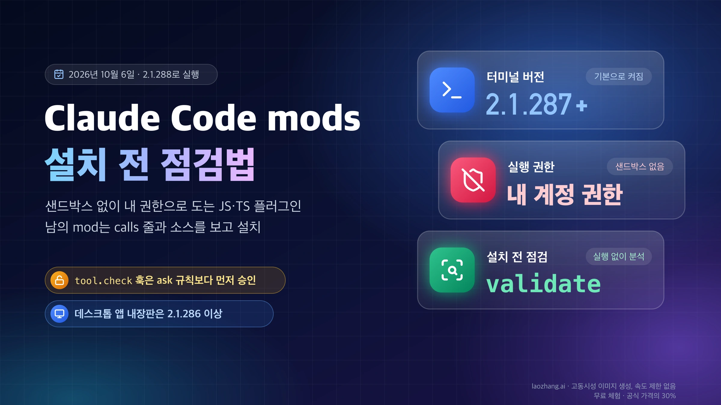 Claude Code mods 설치 전 점검법: 터미널 2.1.287 이상에서 기본으로 켜지고, 샌드박스 없이 내 계정 권한으로 실행되며, validate로 실행 없이 분석한다는 요약 카드