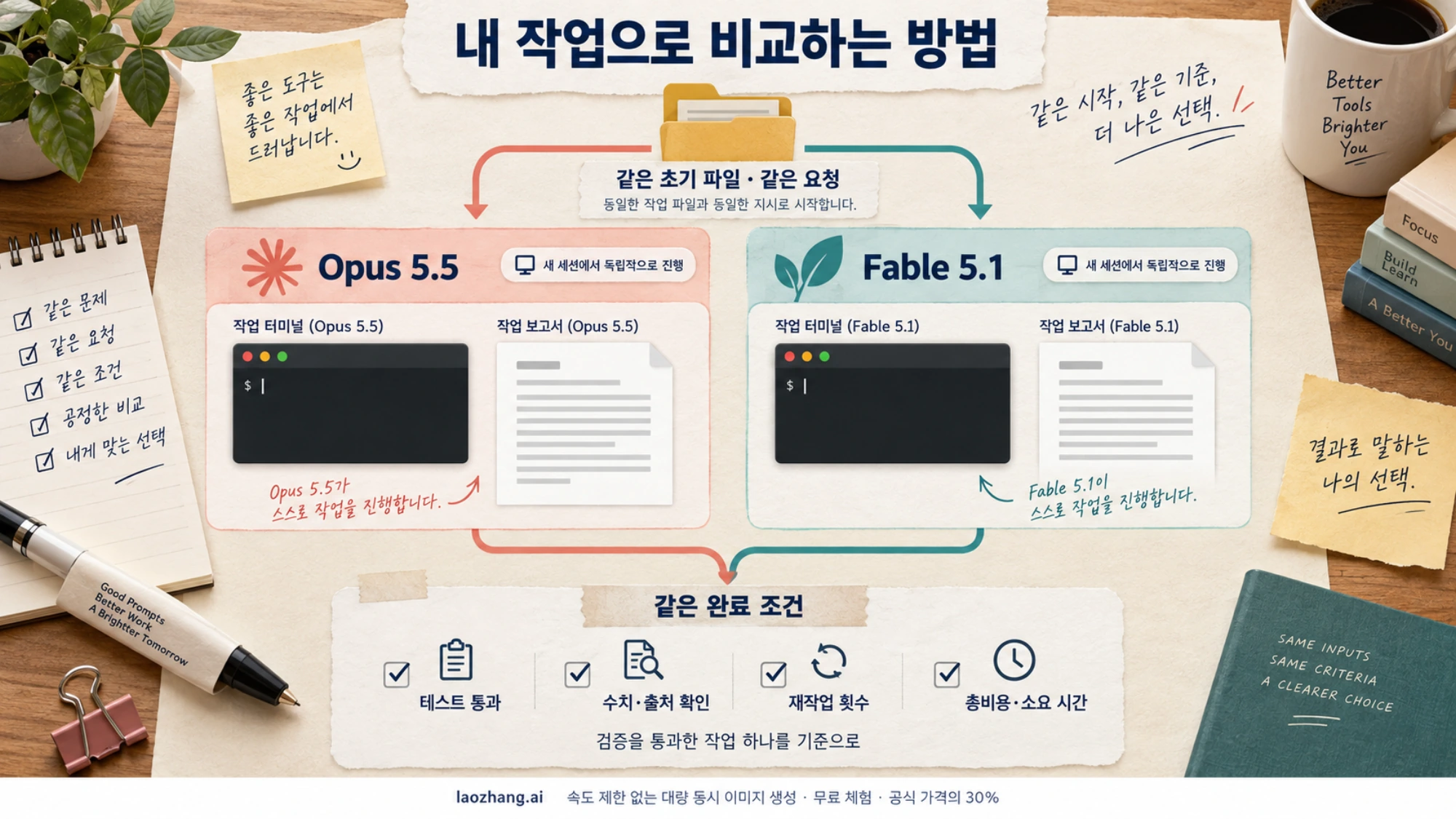 같은 초기 파일과 요청을 두 모델의 새 세션에 주고 테스트, 출처, 재작업, 비용으로 비교하는 방법