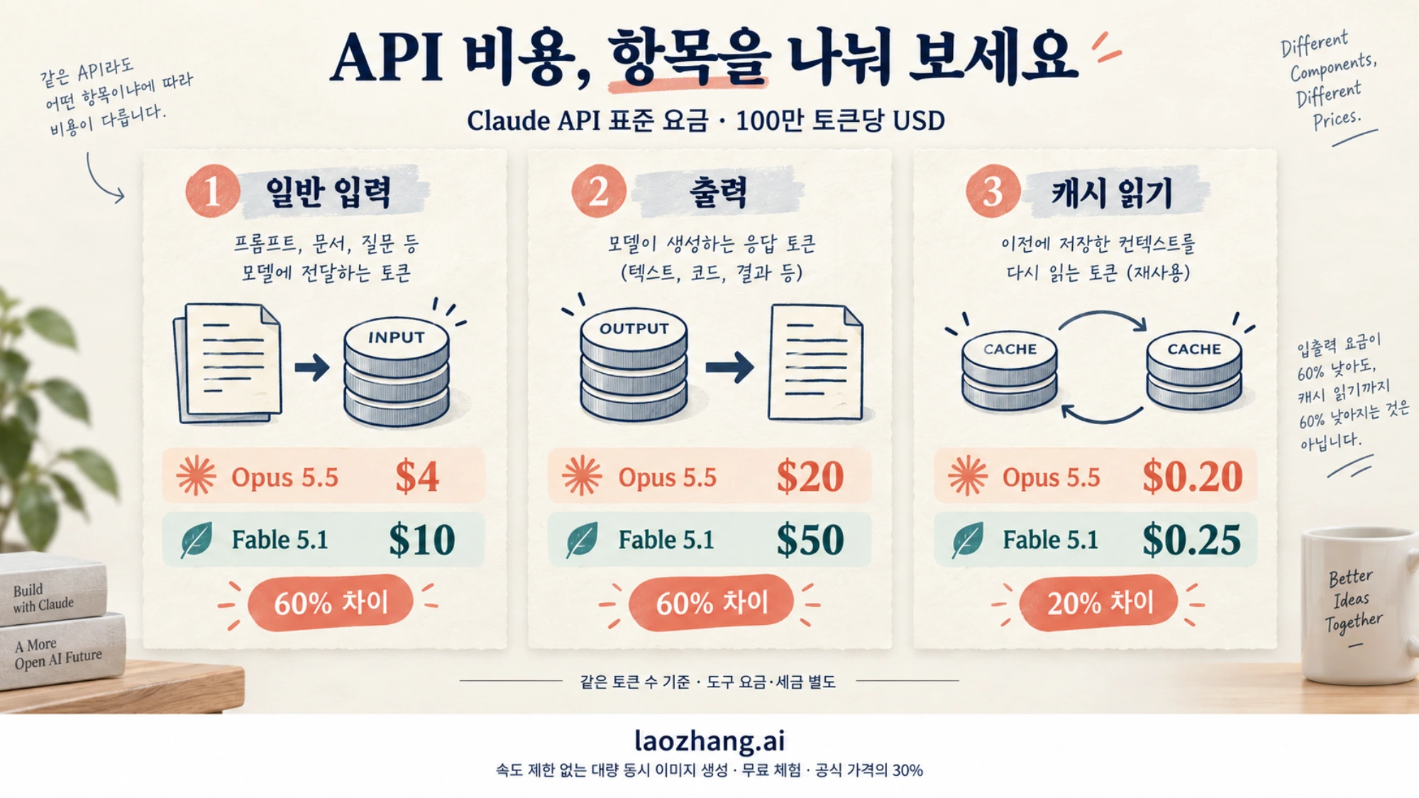 일반 입력, 출력, 캐시 읽기로 나누어 Opus 5.5와 Fable 5.1의 API 단가를 비교한 그림